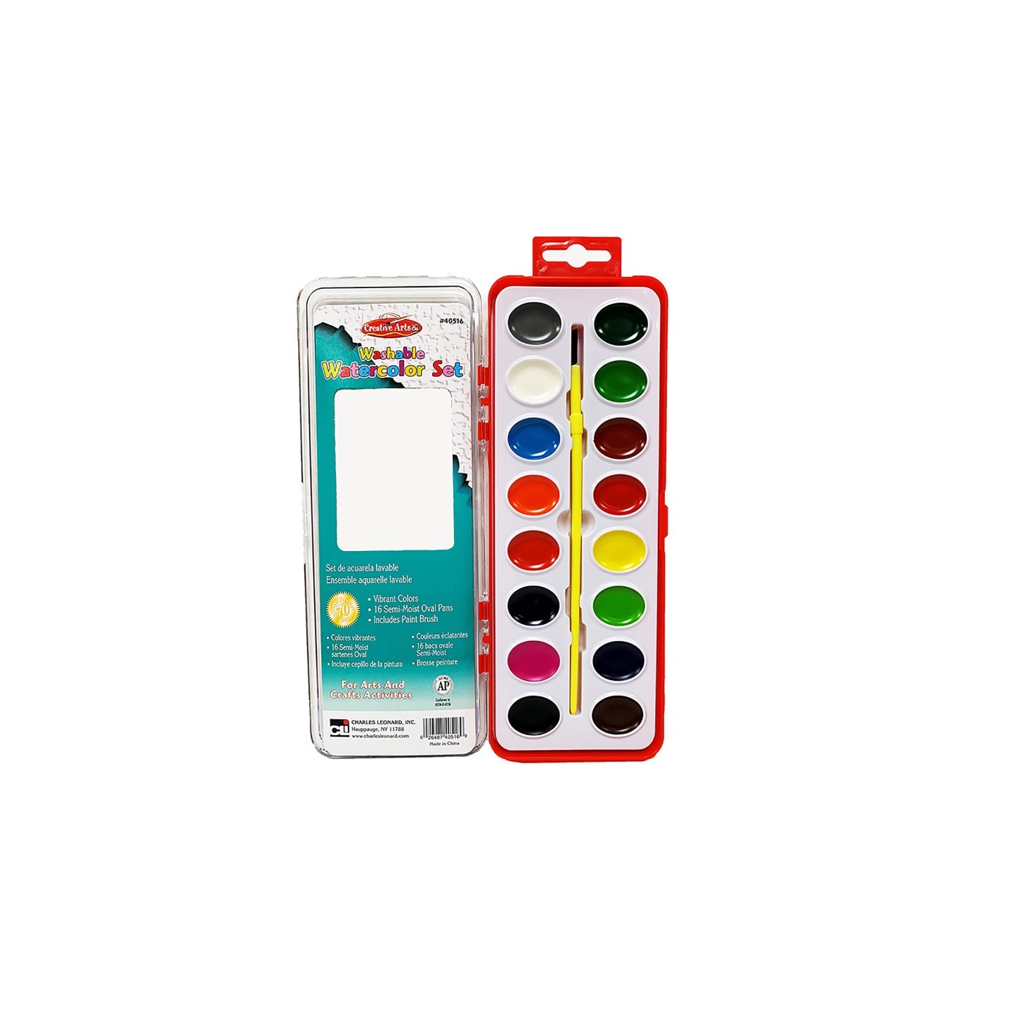 Charles Leonard Washable Water Color Set, Oval Pan w/Brush, 16 Assorted Colors, 1 Set