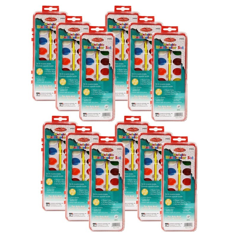 Charles Leonard Washable Water Color Set, Oval Pan w/Brush, 16 Assorted Colors, 12 Sets