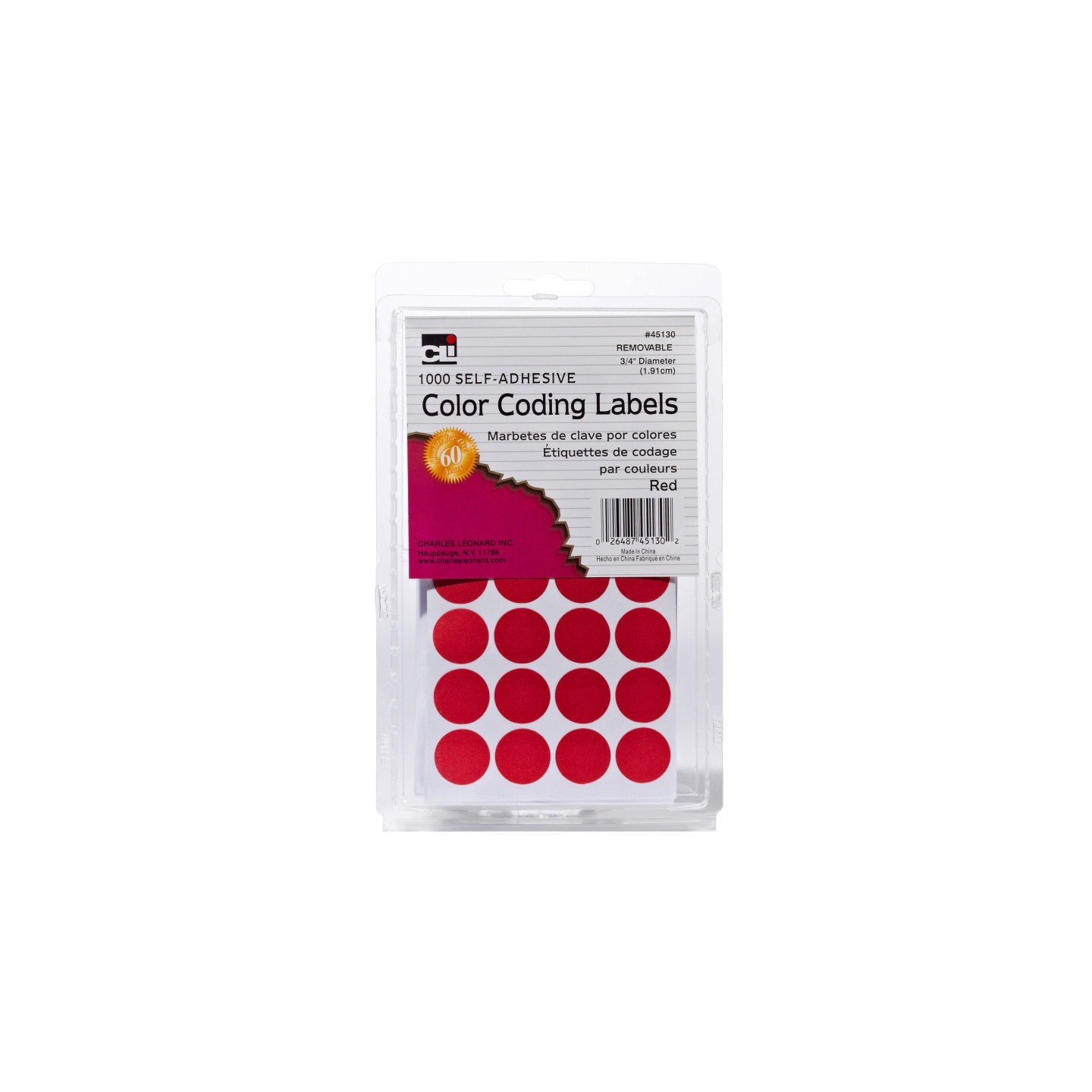 Charles Leonard Color Coding Dots, Self-Adhesive Labels, 0.75 Inch Diameter, Red, Box of 1000