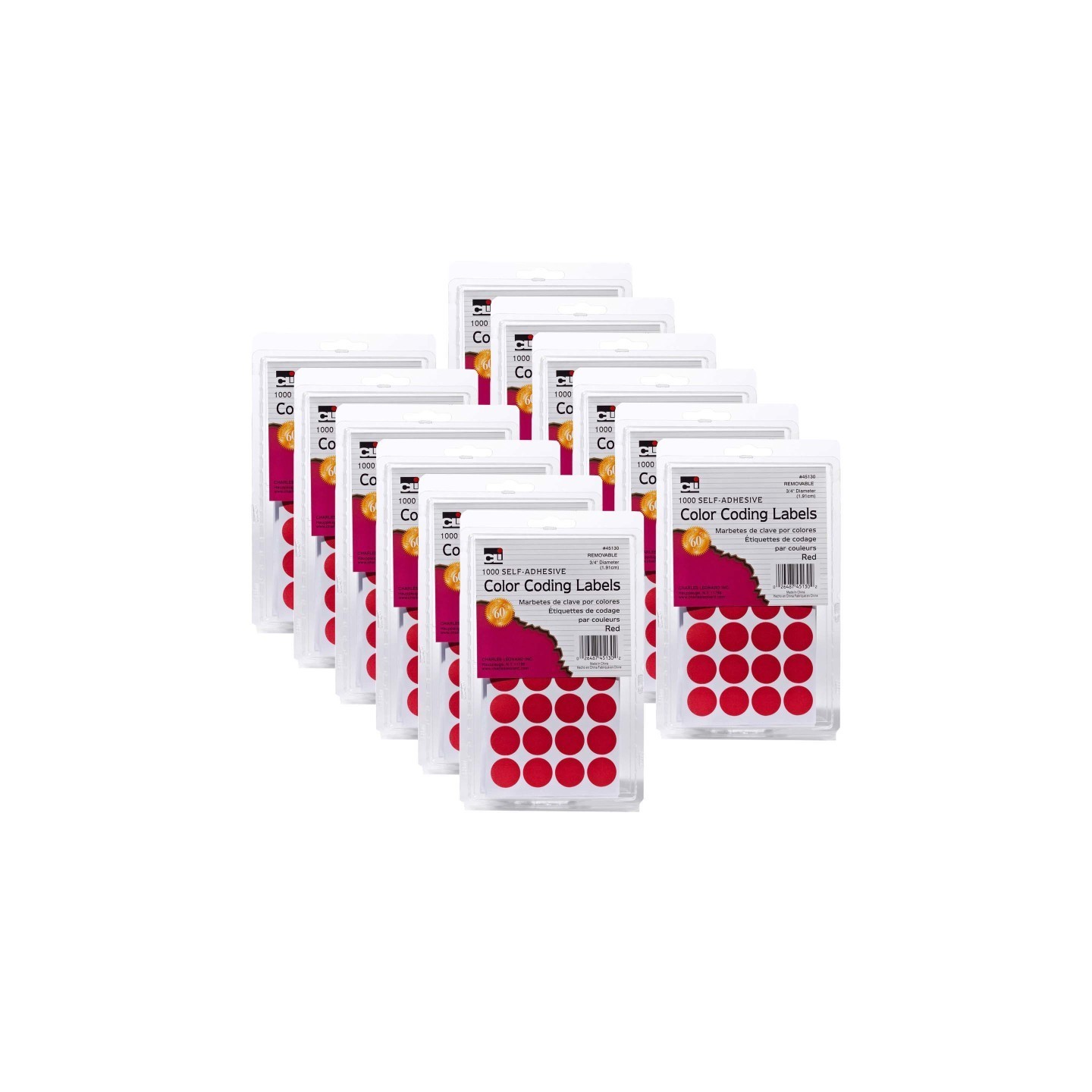 Charles Leonard Color Coding Labels, 3/4", Red, 1000 Per Pack, 12 Packs