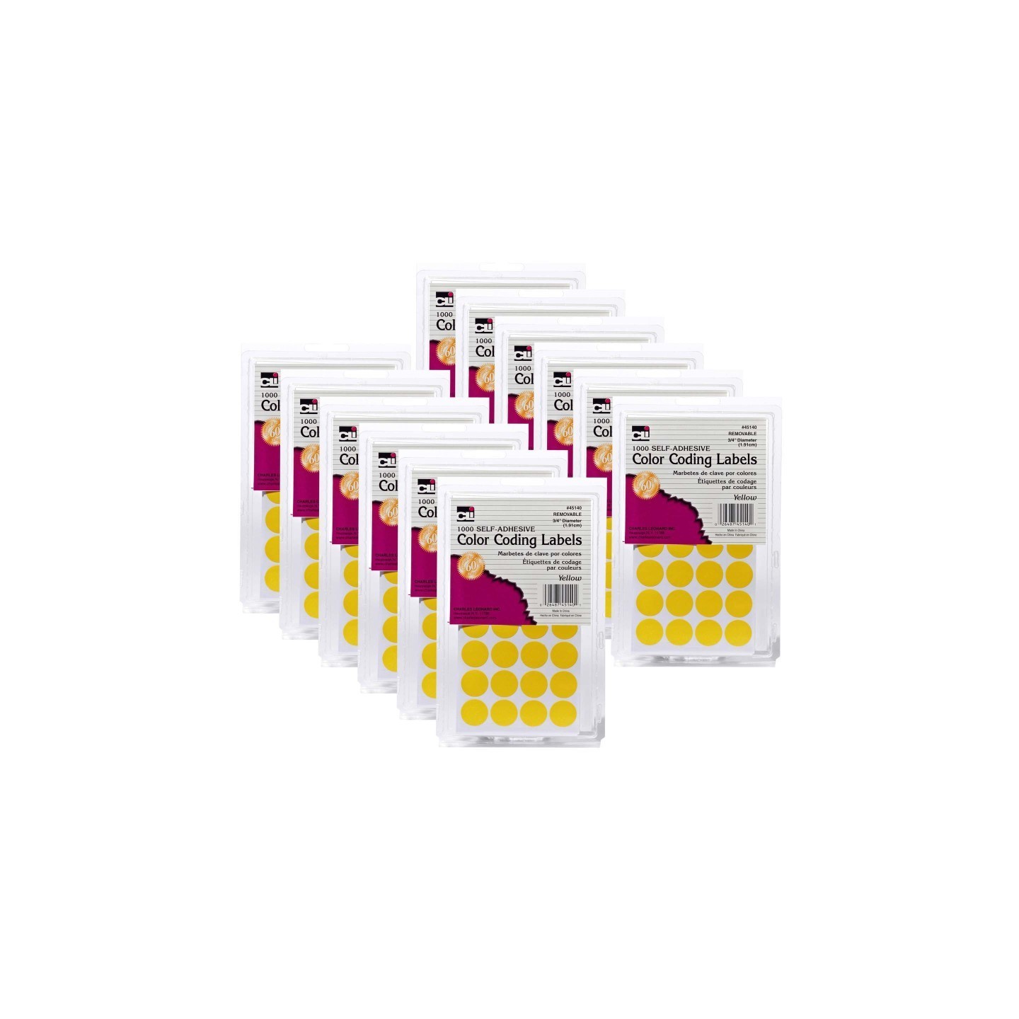 Charles Leonard Color Coding Labels, 3/4", Yellow, 1000 Per Pack, 12 Packs