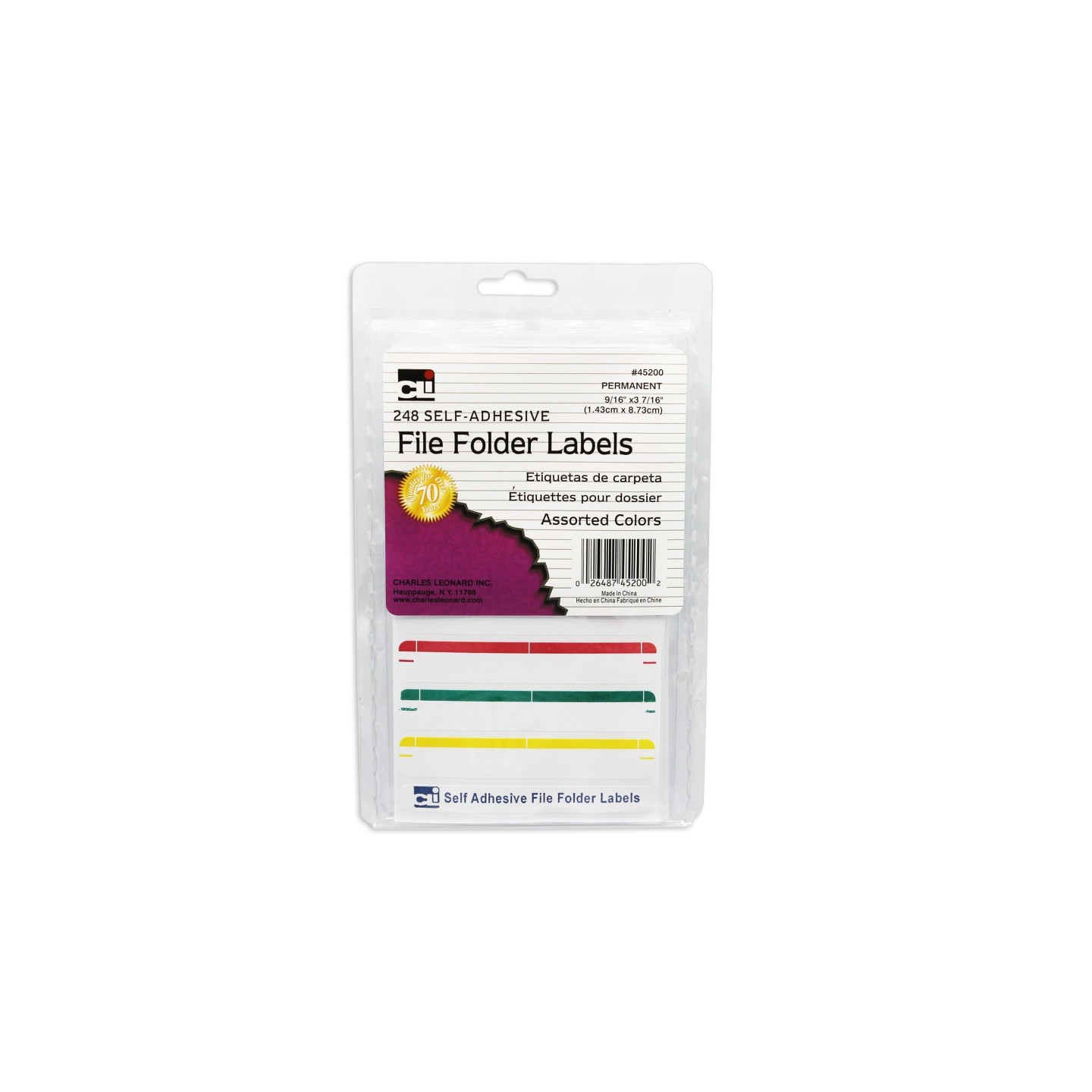 Charles Leonard File Folder Labels, Self-Adhesive, 0.56 x 3.43 Inches, Assorted, 248-Count