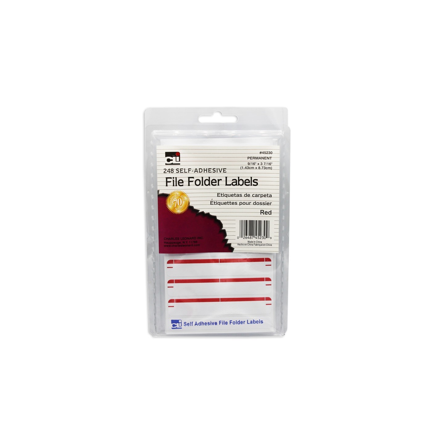 Charles Leonard File Folder Labels, Self-Adhesive, 0.56" x 3.43", Red, Box of 248
