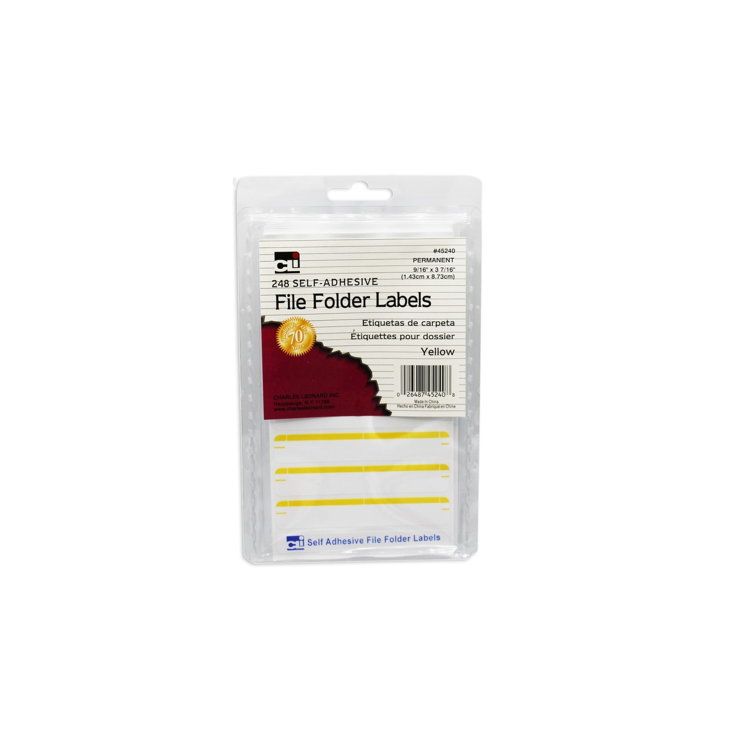 Charles Leonard File Folder Labels, Self-Adhesive, 0.56" x 3.43", Yellow, Box of 248