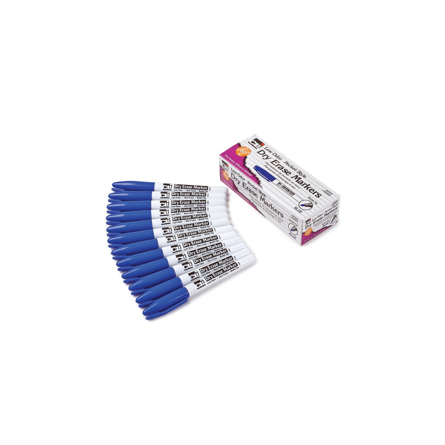 Charles Leonard Dry Erase Markers, Pocket Style, Blue, Bullet Tip, Pack of 12