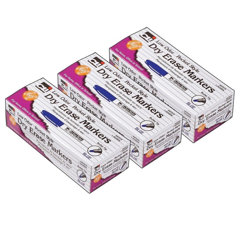 Charles Leonard Dry Erase Markers, Low Odor, Pocket Style, Bullet Tip, Blue, 12 Per Box, 3 Boxes