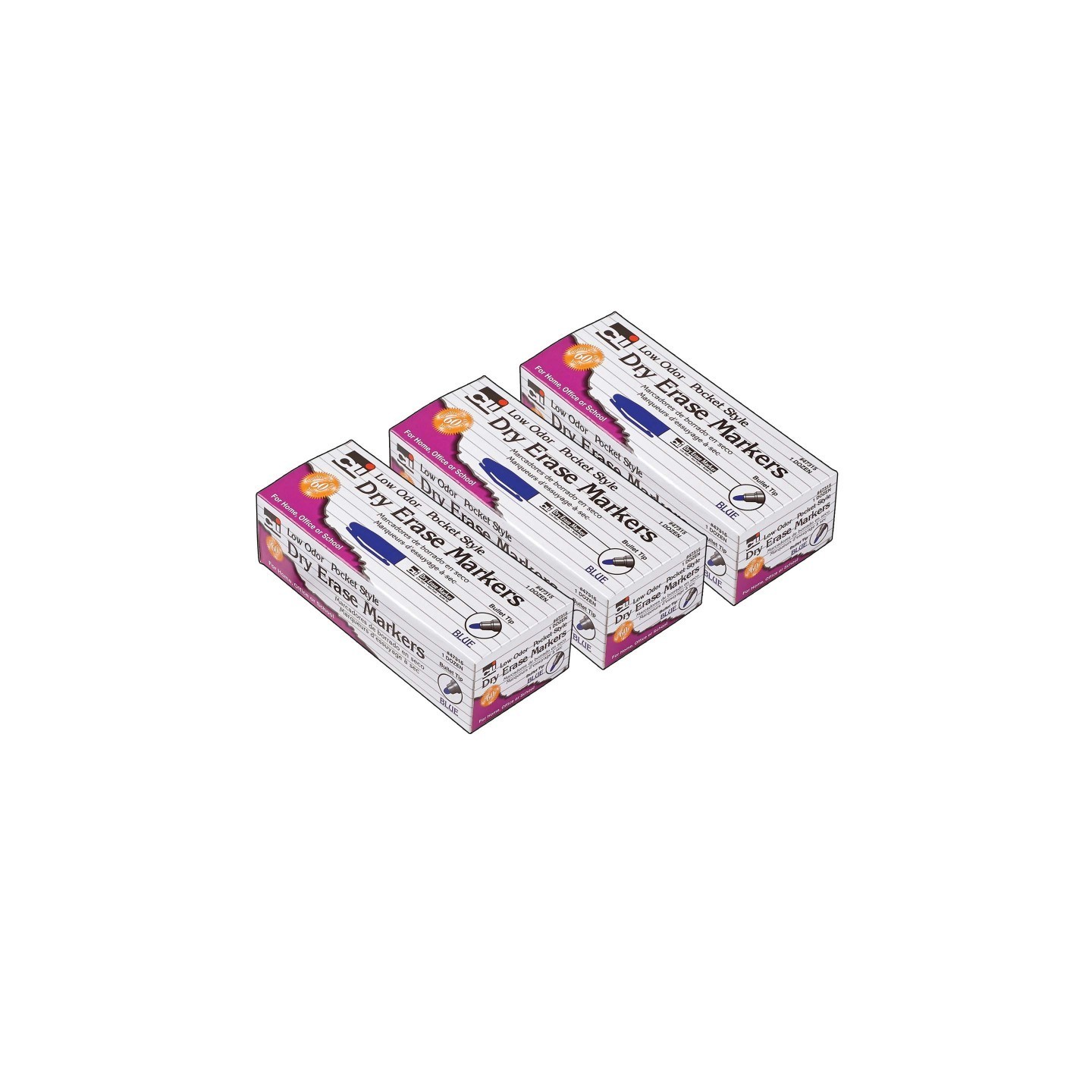 Charles Leonard Dry Erase Markers, Low Odor, Pocket Style, Bullet Tip, Blue, 12 Per Box, 3 Boxes