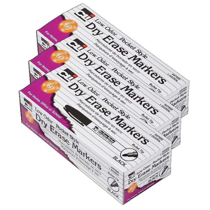 Charles Leonard Dry Erase Markers, Pocket Style, Bullet Tip, Black, 12 Per Pack, 3 Packs