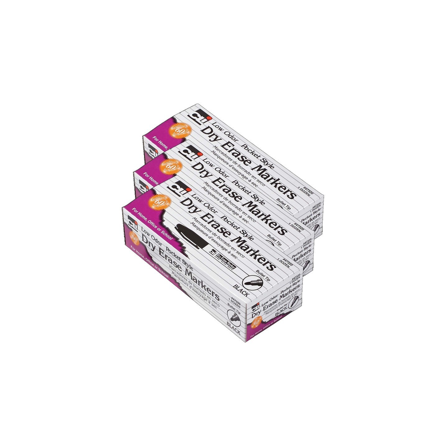Charles Leonard Dry Erase Markers, Pocket Style, Bullet Tip, Black, 12 Per Pack, 3 Packs