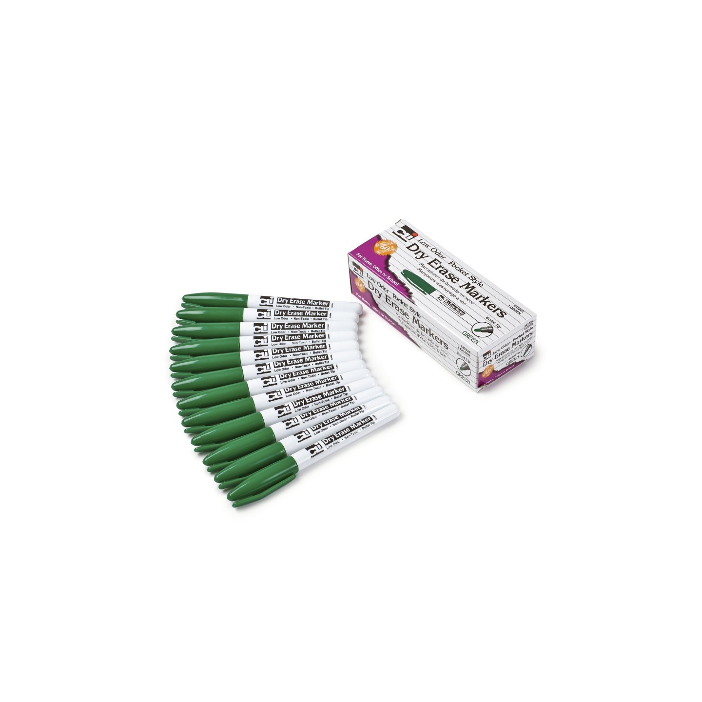 Charles Leonard Dry Erase Markers, Pocket Style, Green, Bullet Tip, Pack of 12