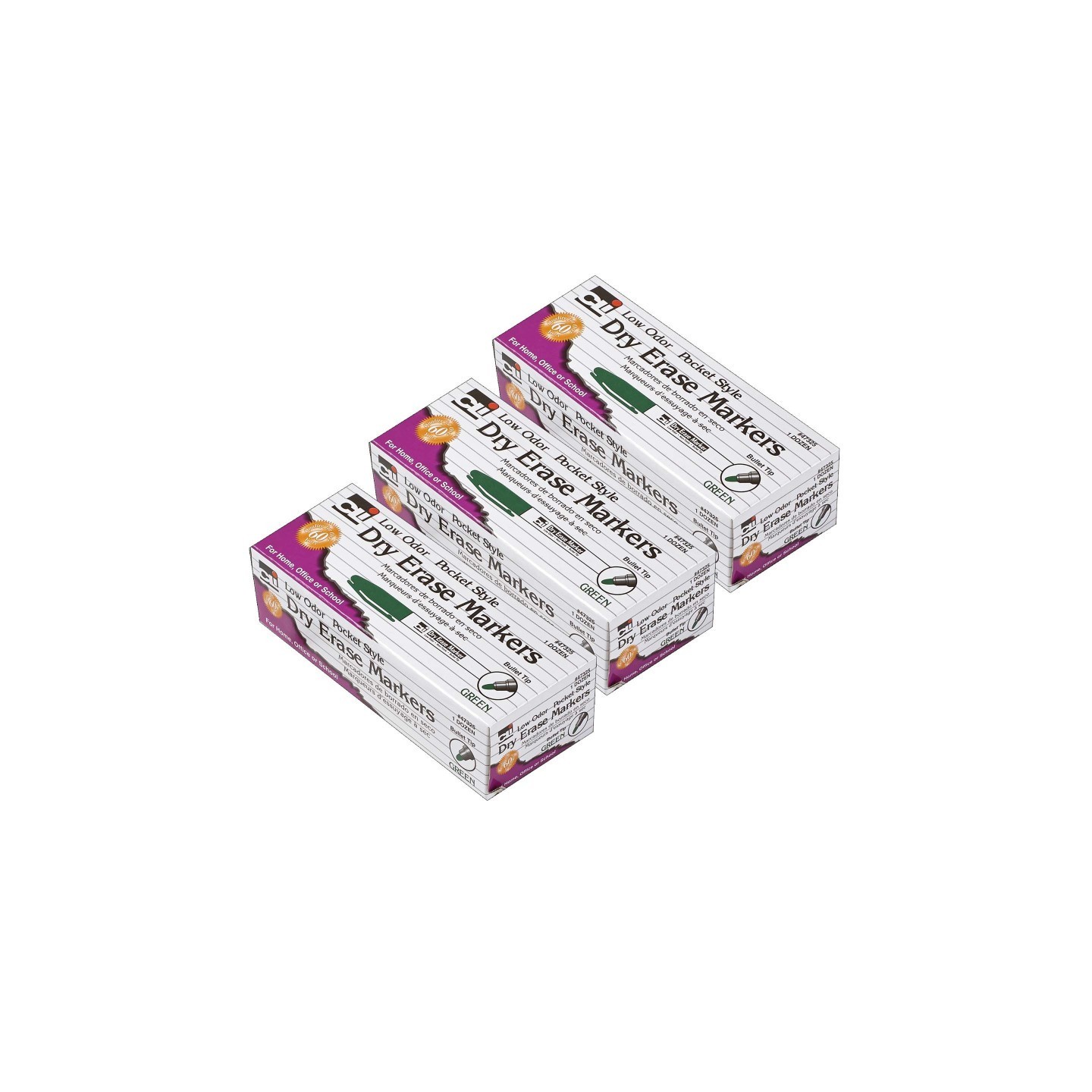 Charles Leonard Dry Erase Markers, Low Odor, Pocket Style, Bullet Tip, Green, 12 Per Box, 3 Boxes