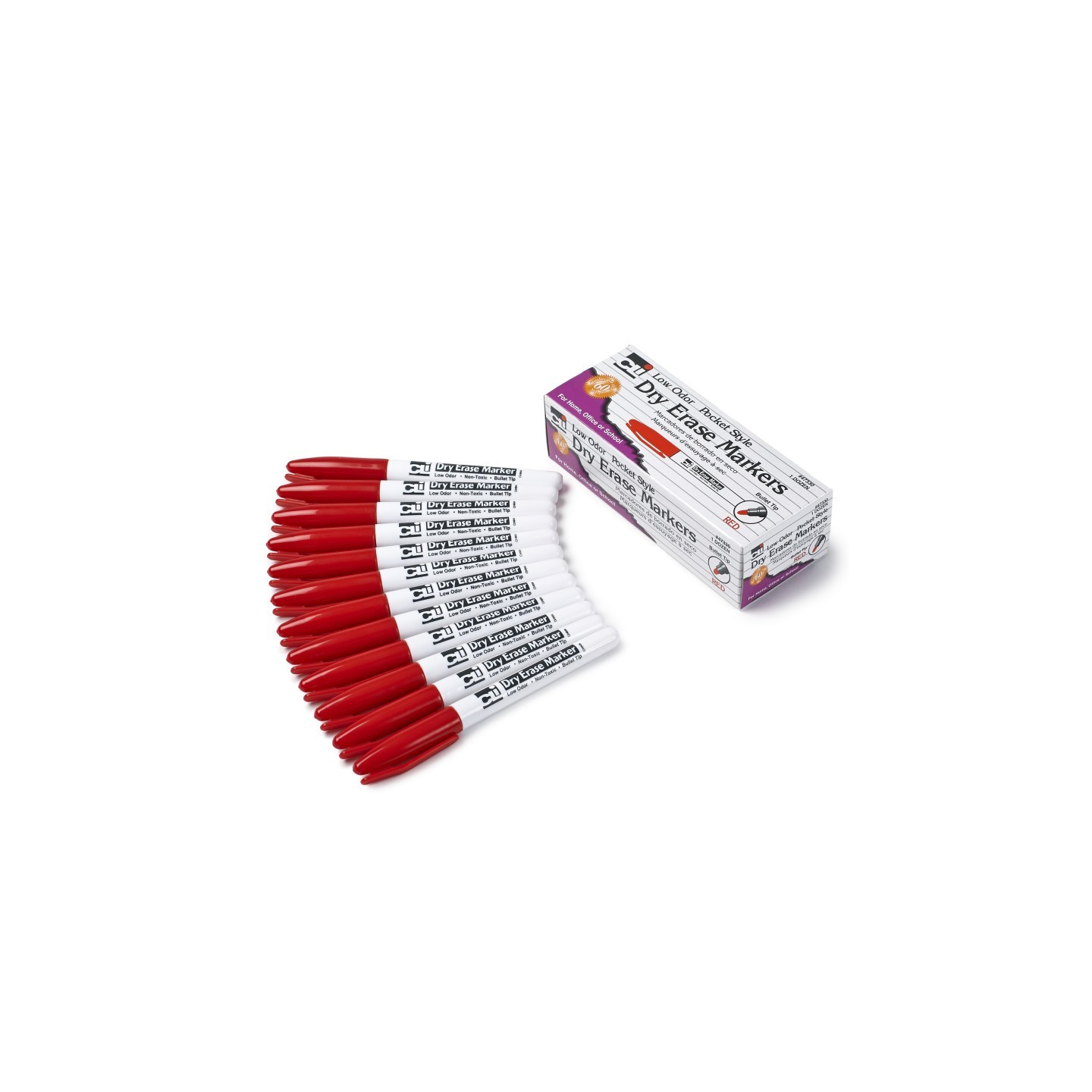 Charles Leonard Dry Erase Markers, Pocket Style, Red, Bullet Tip, Pack of 12