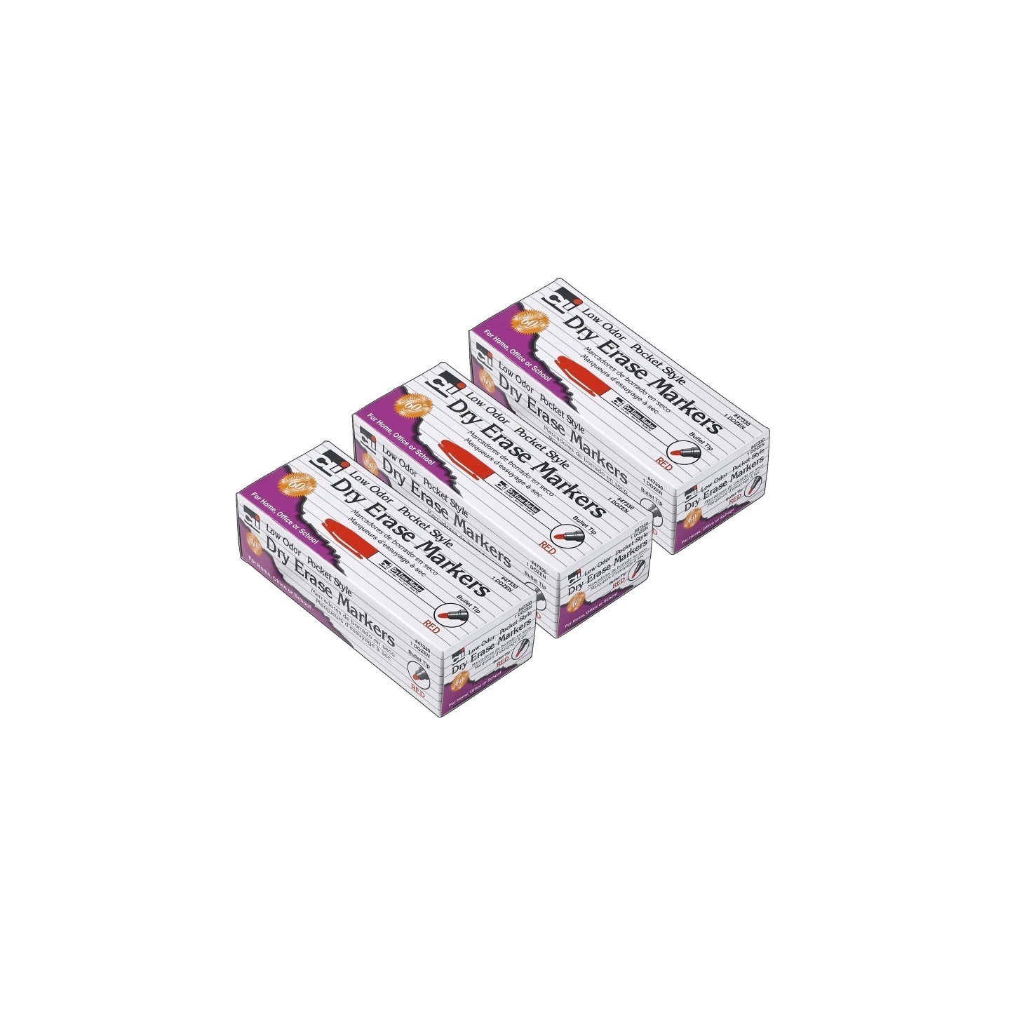 Charles Leonard Dry Erase Markers, Low Odor, Pocket Style, Bullet Tip, Red, 12 Per Box, 3 Boxes