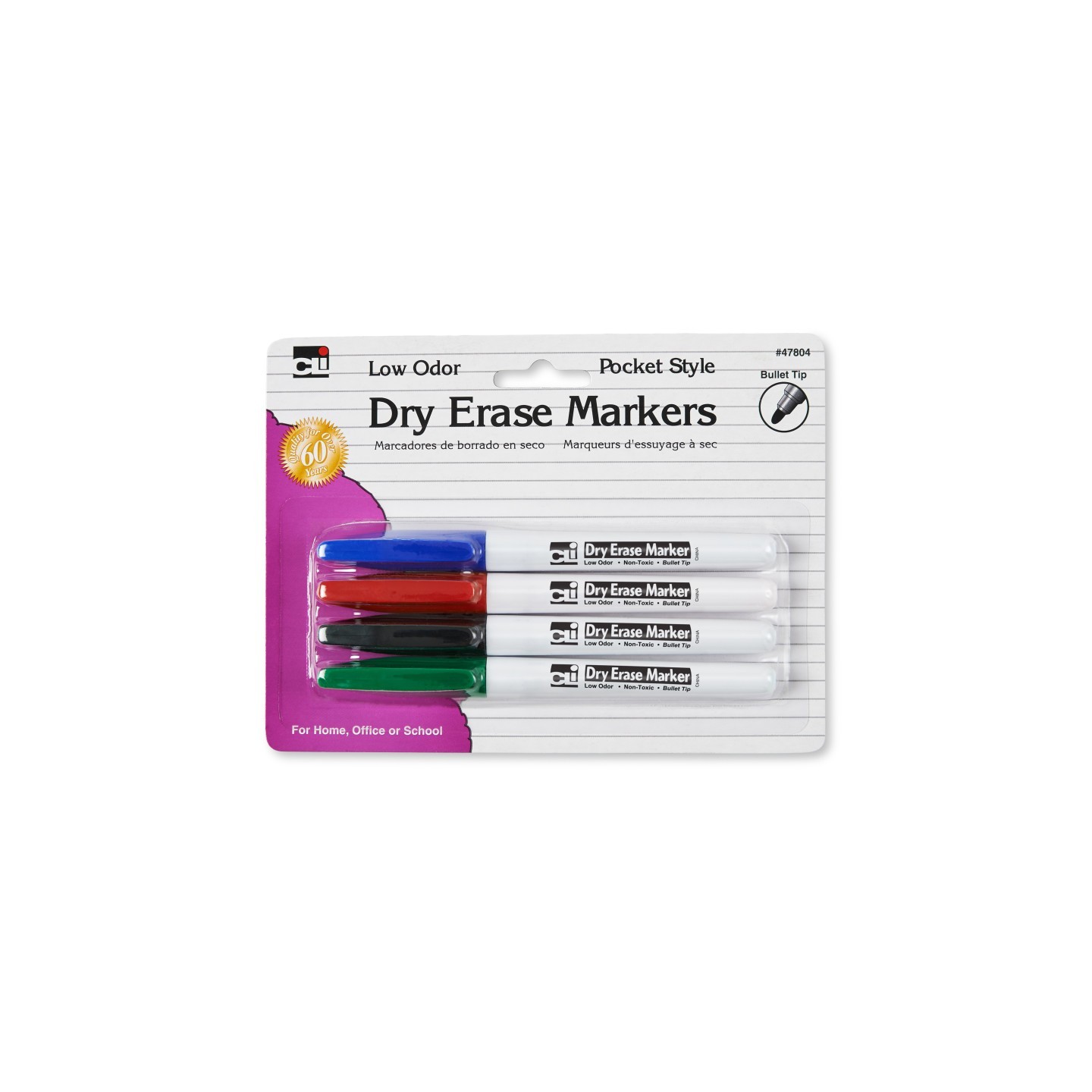 Charles Leonard Dry Erase Markers, 4 Colors, Bullet Tip, Pack of 4