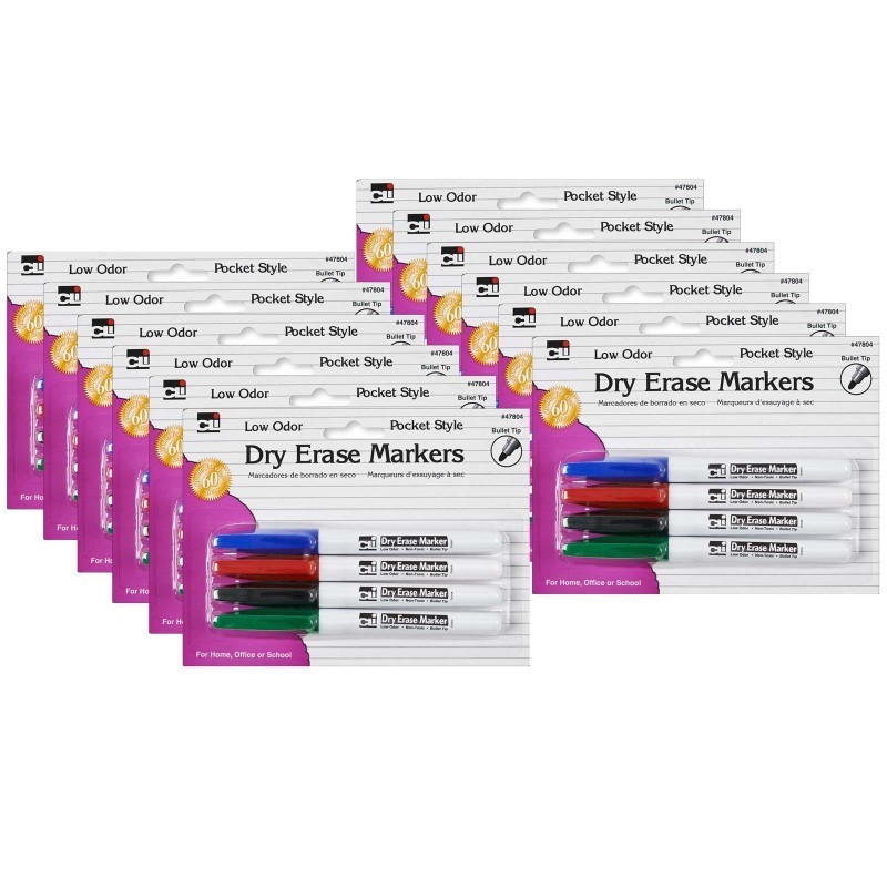Charles Leonard Pocket Style Dry Erase Markers, Bullet Tip, Assorted Colors, 4 Per Pack, 12 Packs