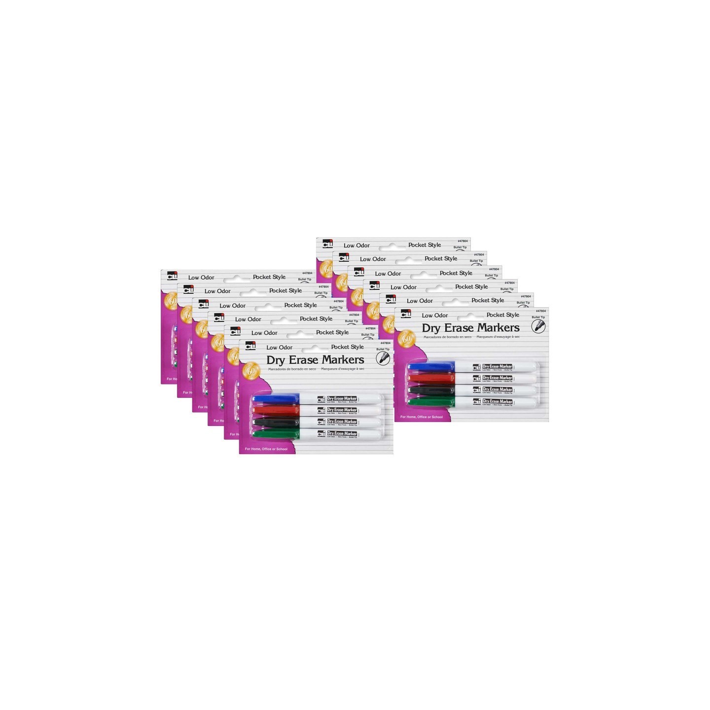 Charles Leonard Pocket Style Dry Erase Markers, Bullet Tip, Assorted Colors, 4 Per Pack, 12 Packs