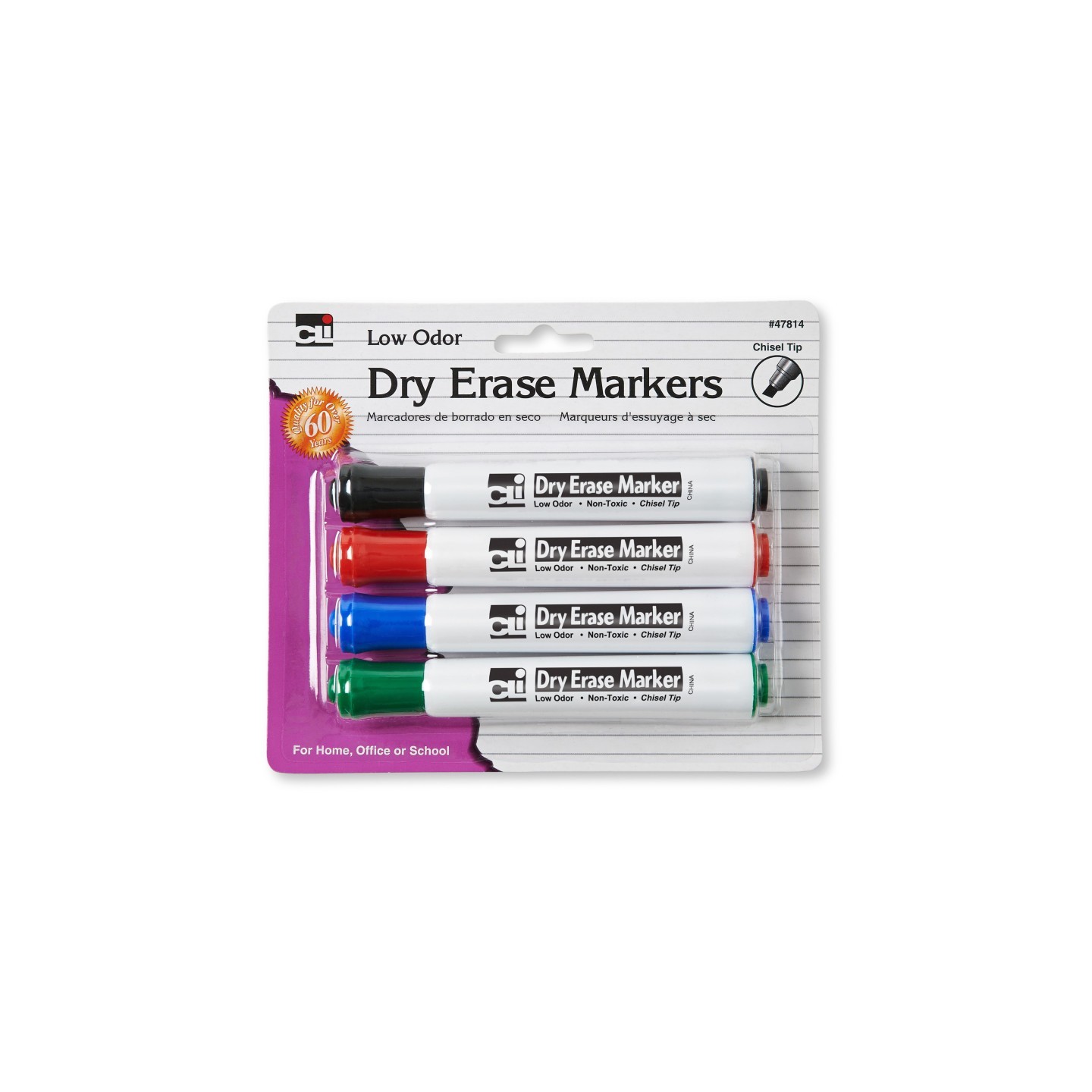 Charles Leonard Dry Erase Markers, Barrel Style, Low Odor, Chisel Tip, Assorted Colors, Pack of 4