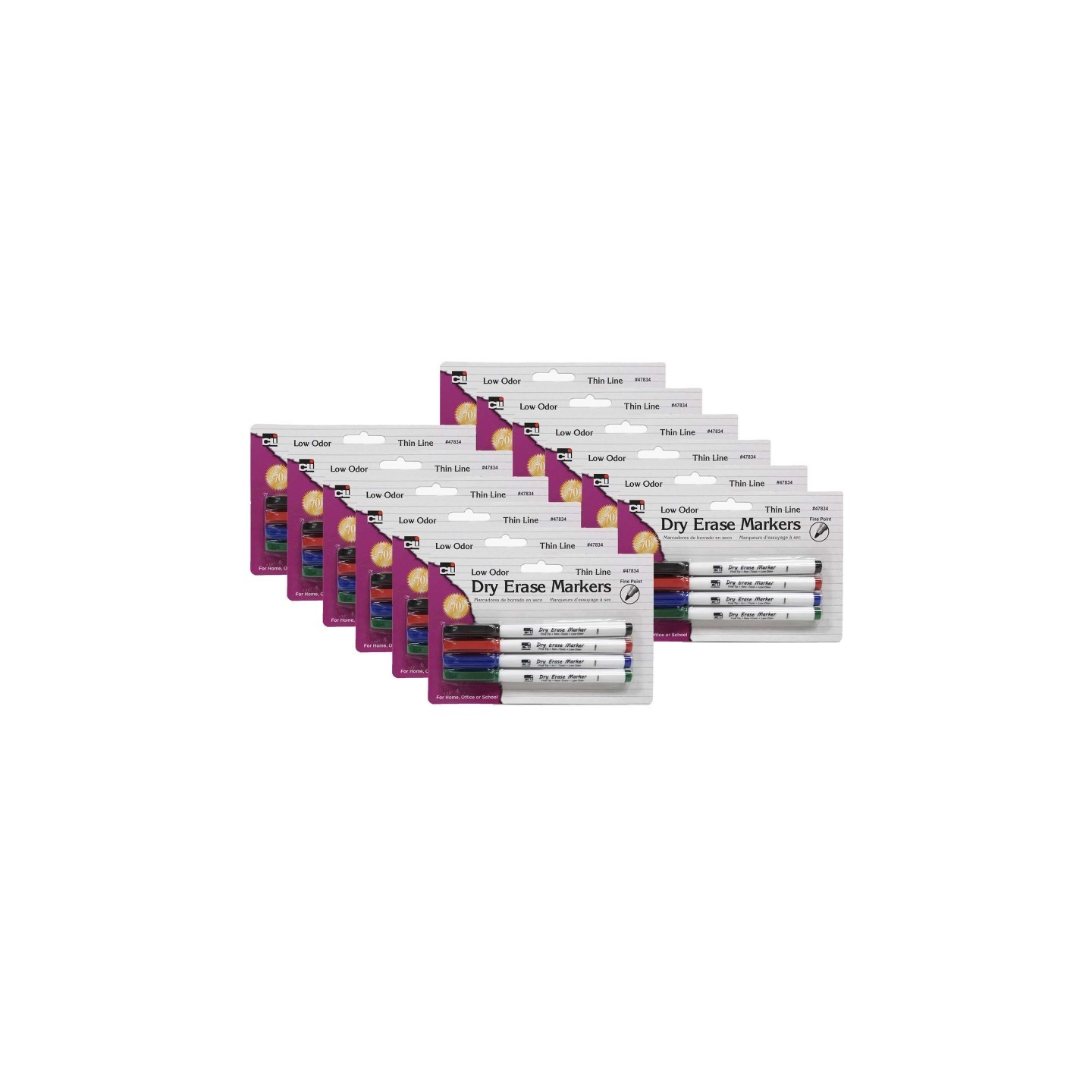 Charles Leonard Dry Erase Markers, Fine Point Tip, Assorted Colors, 4 Per Pack, 12 Packs
