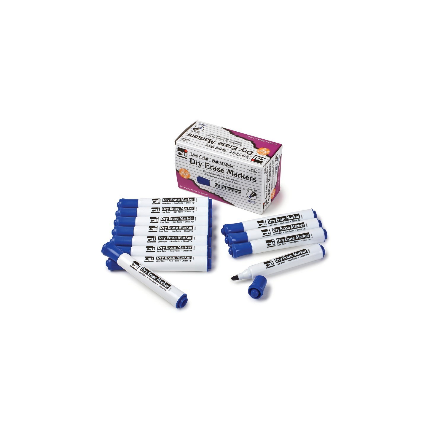 Charles Leonard Dry Erase Markers, Barrel Style, Chisel Tip, Blue, Pack of 12