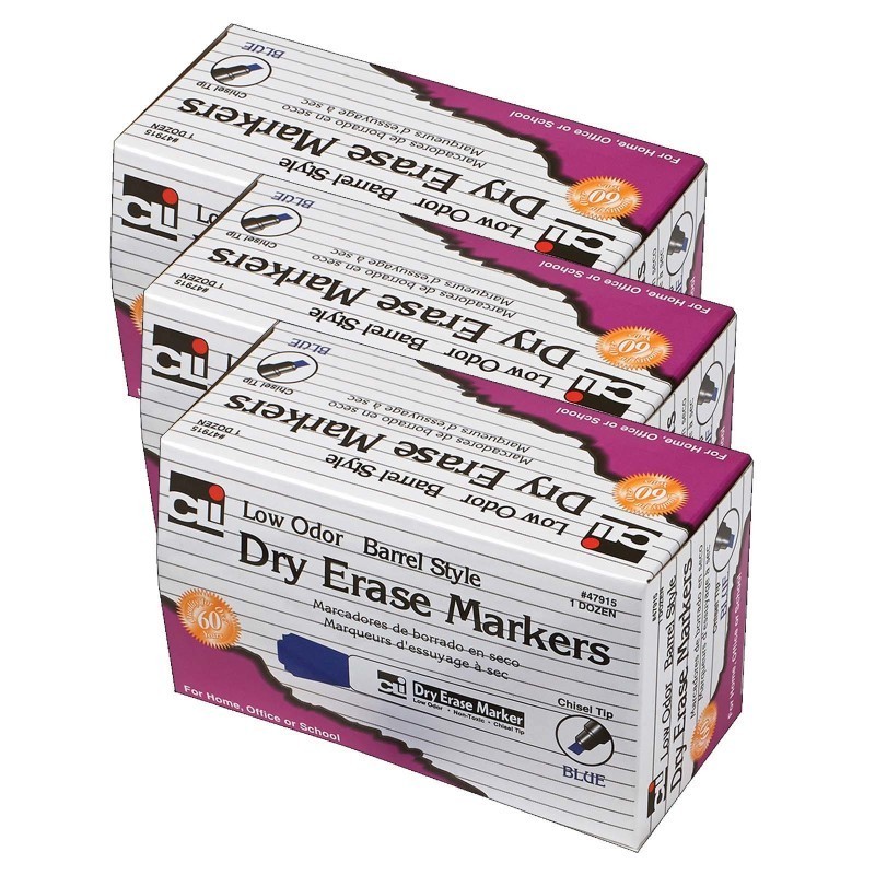 Charles Leonard Dry Erase Markers, Barrel Style, Chisel Tip, Blue, 12 Per Pack, 3 Packs