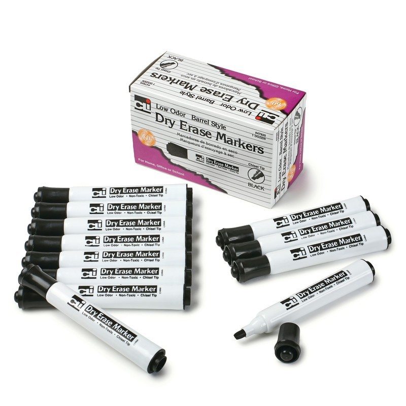 Charles Leonard Dry Erase Markers - Barrel Style, Black/Chisel