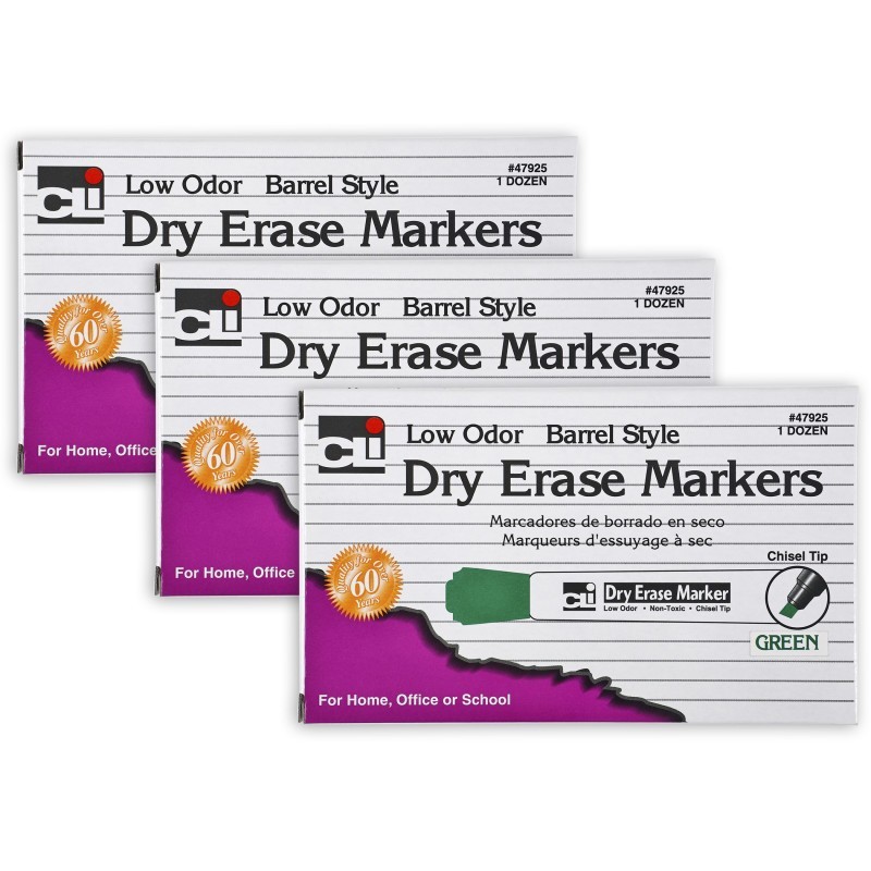 Charles Leonard Dry Erase Markers, Barrel Style, Chisel Tip, Green, 12 Per Box, 3 Boxes