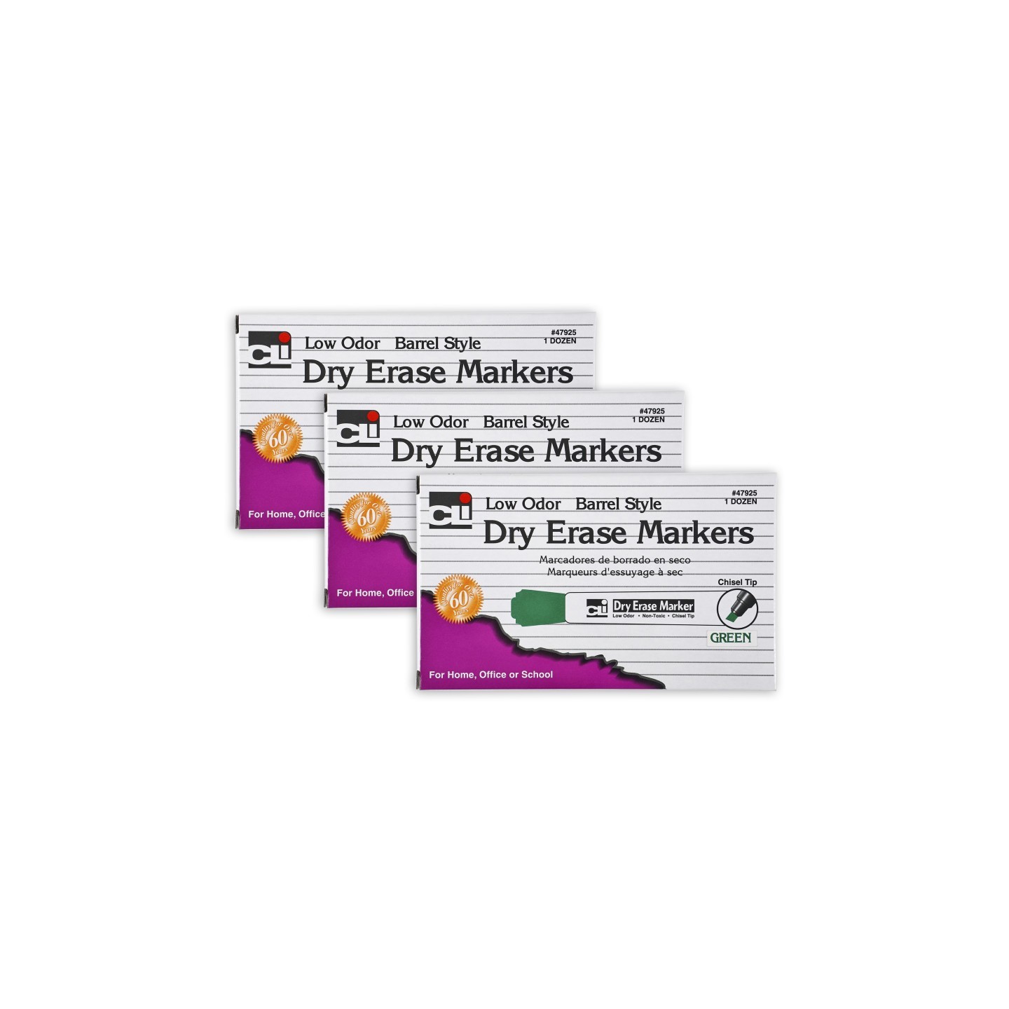 Charles Leonard Dry Erase Markers, Barrel Style, Chisel Tip, Green, 12 Per Box, 3 Boxes