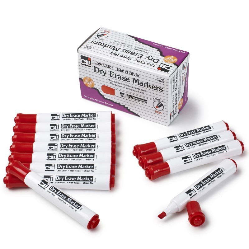Charles Leonard Dry Erase Markers, Barrel Style, Chisel Tip, Red, Pack of 12