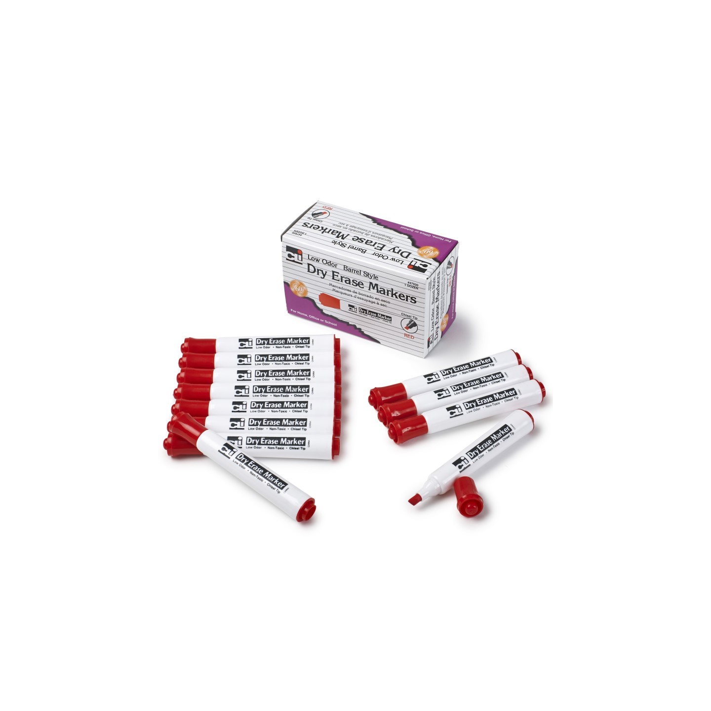Charles Leonard Dry Erase Markers, Barrel Style, Chisel Tip, Red, Pack of 12