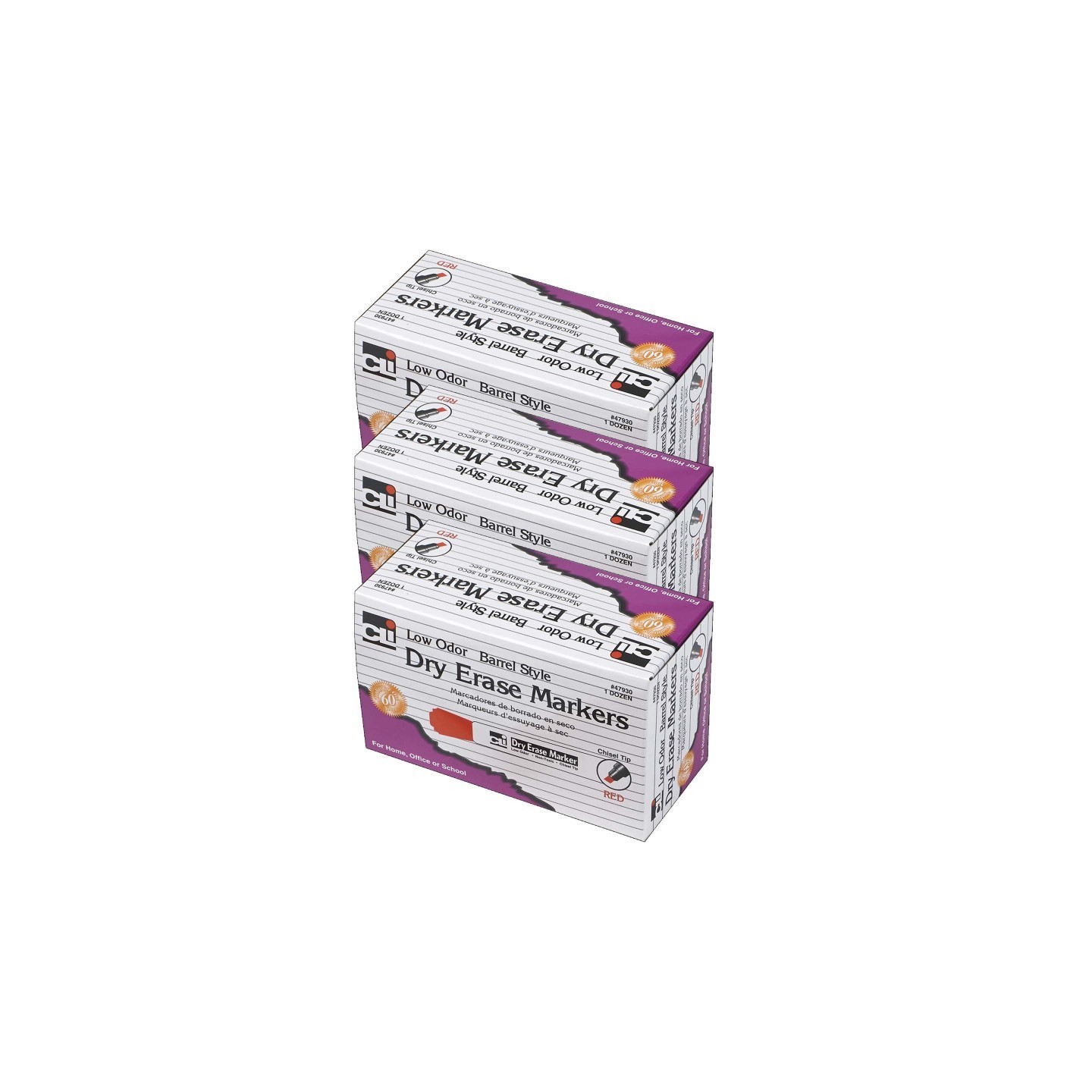 Charles Leonard Dry Erase Markers, Barrel Style, Chisel Tip, Red, 12 Per Pack, 3 Packs