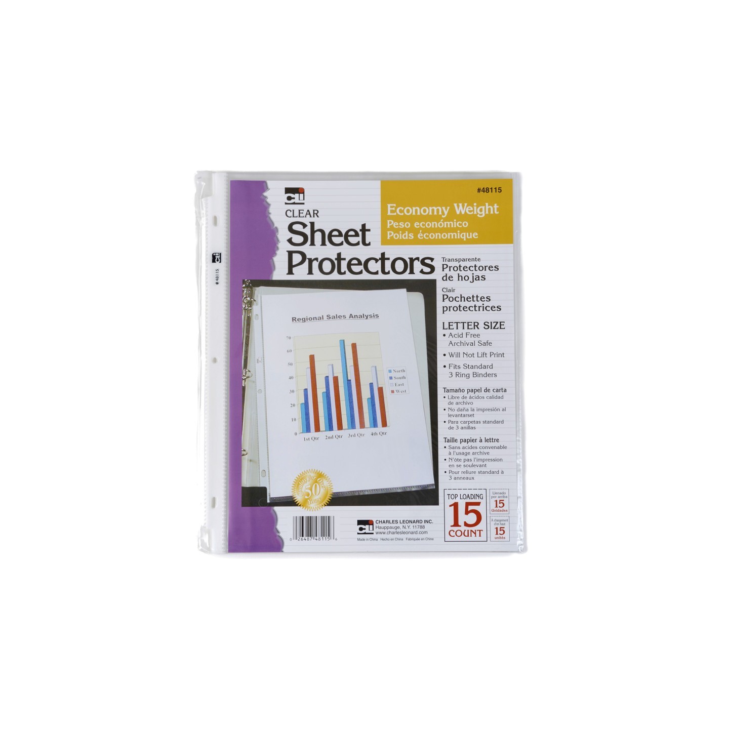 Charles Leonard Sheet Protectors, Top Loading with Binder Holes, 2 Mils Economy Weight, Letter Size, Pack of 15