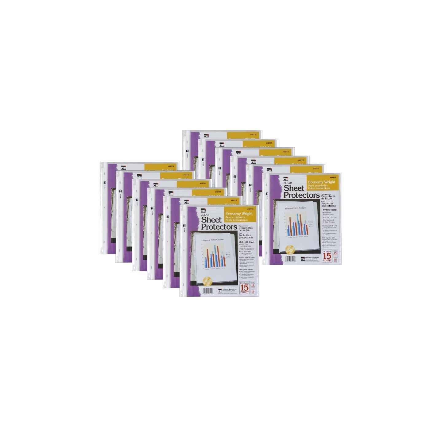 Charles Leonard Sheet Protectors, Economy Weight, Letter Size, Clear, 15 Per Packk, 12 Packs
