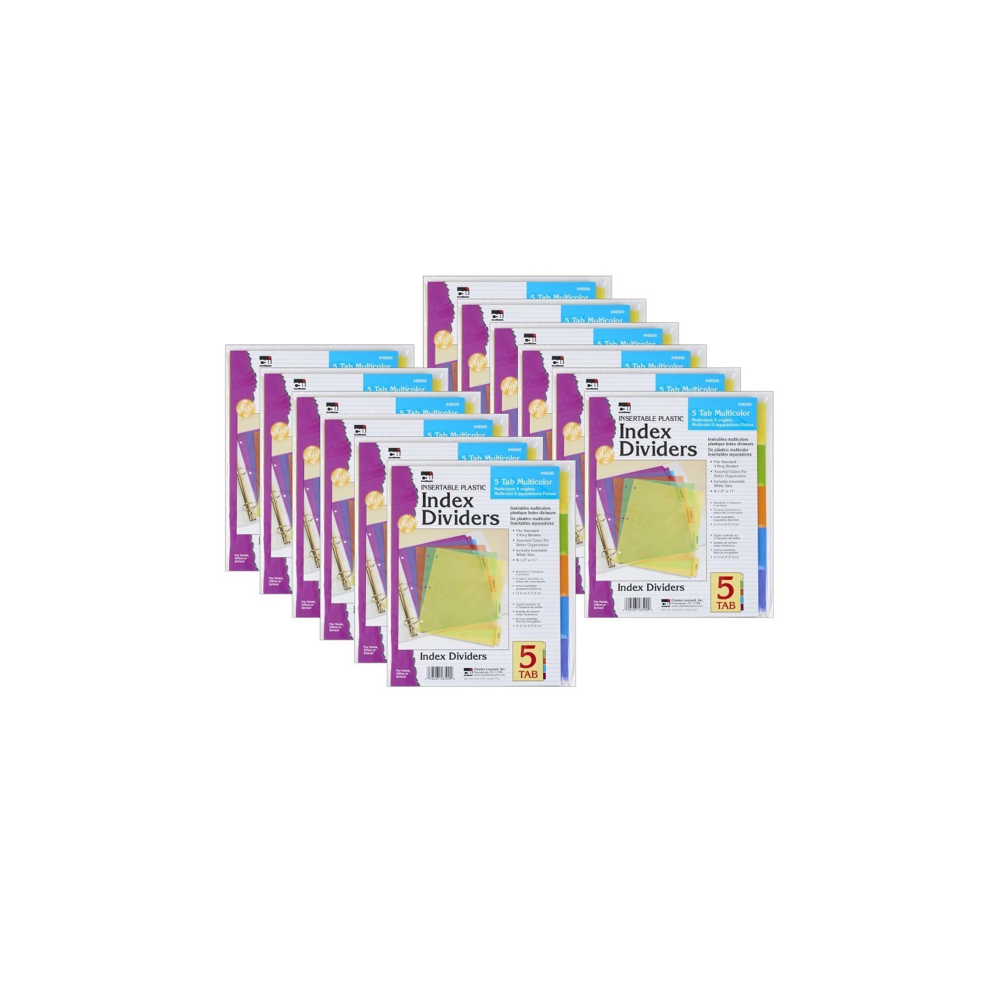 Charles Leonard Index Dividers, 5-Tab, Assorted Colors, 5 Per Pack, 12 Packs