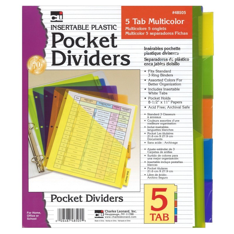 Charles Leonard 5-Tab Pocket Dividers, Assorted Colors, 5 Per Pack