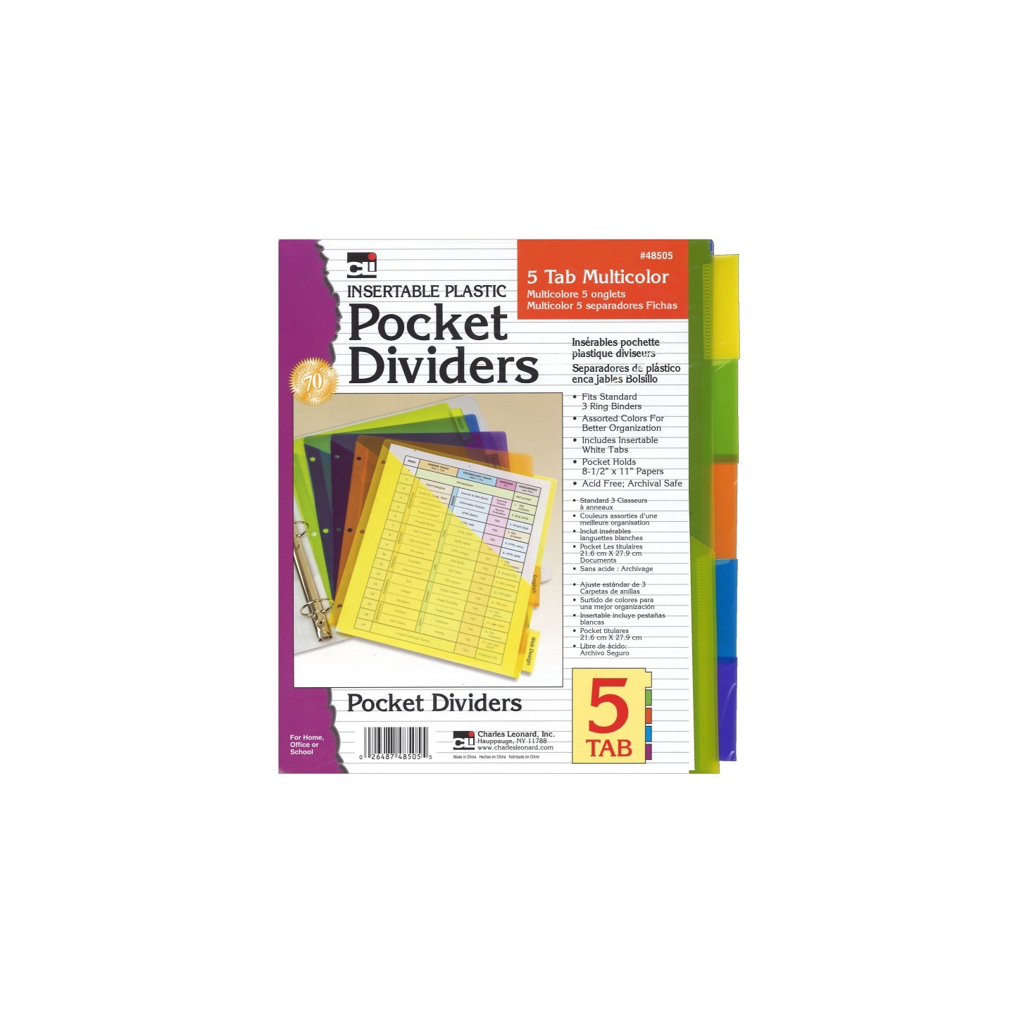 Charles Leonard 5-Tab Pocket Dividers, Assorted Colors, 5 Per Pack