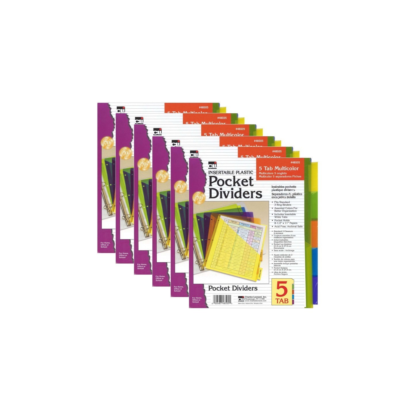 Charles Leonard Index Dividers with Pockets, 5-Tab, Assorted Colors, 5/Pack, 6 Packs