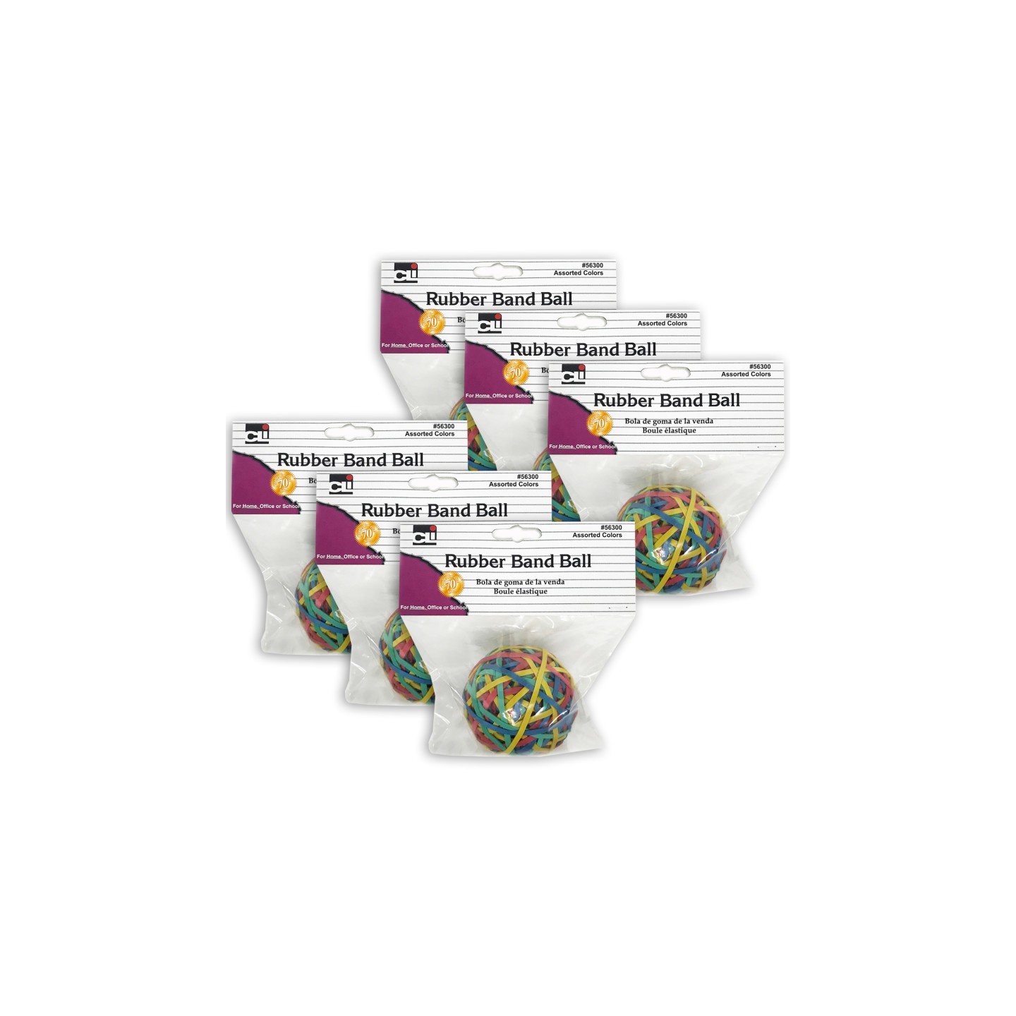 Charles Leonard Rubber Bands - Ball (2.95" x 1/8") - Assorted Colors, Pack of 6