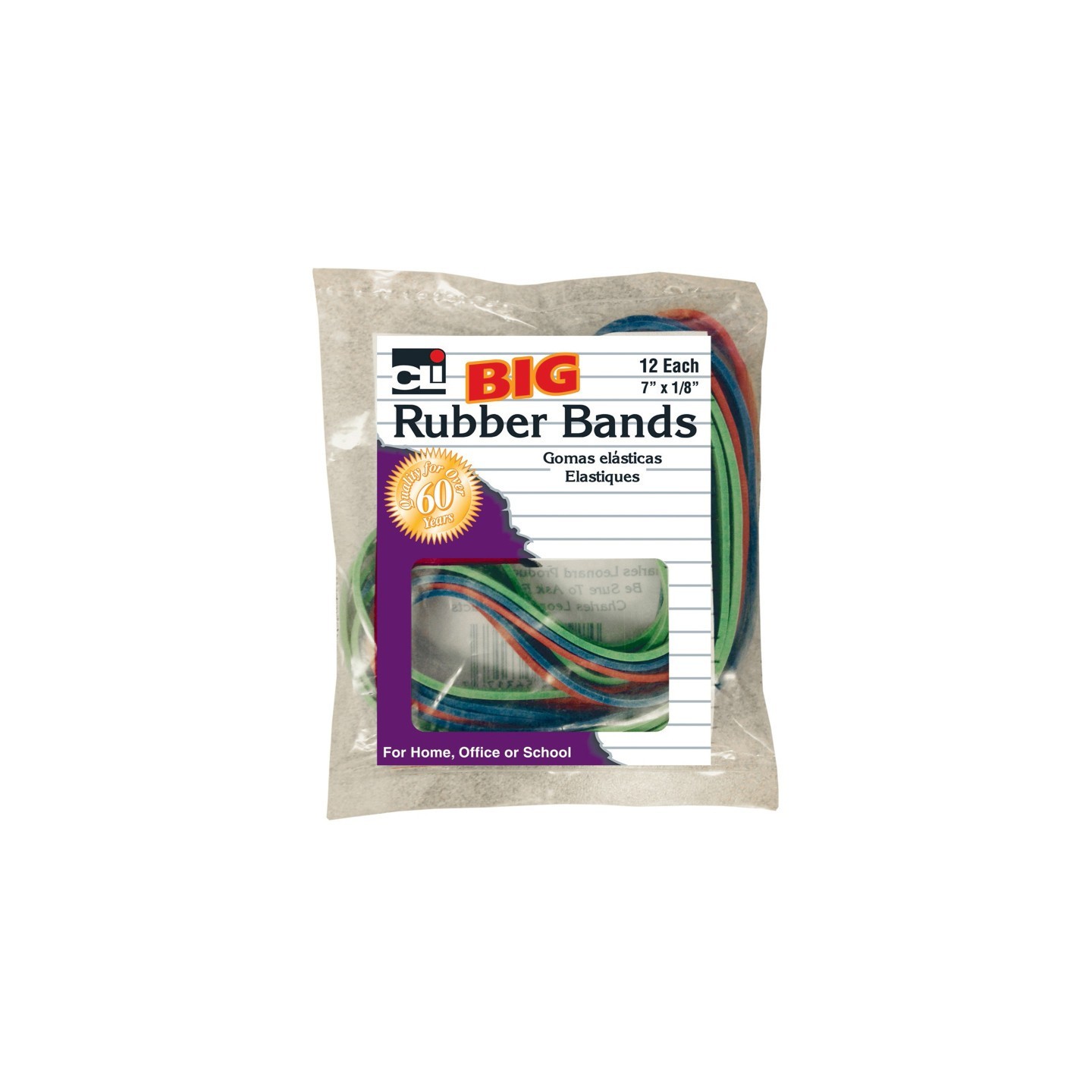 Charles Leonard Big Rubber Bands, 7" x 1/8", Pack of 12