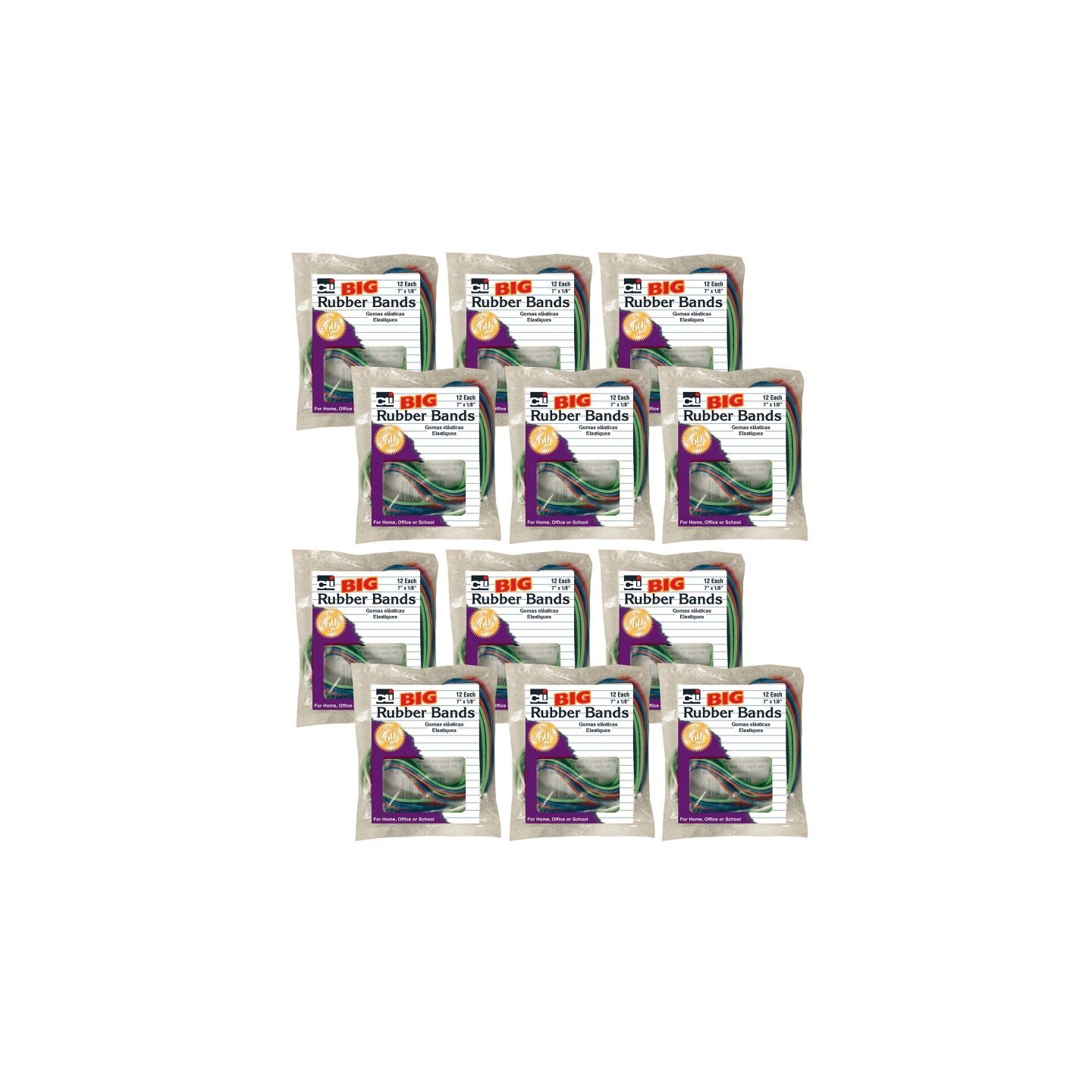 Charles Leonard Big Rubber Bands, 7" x 1/8", 12 Per Pack, 12 Packs