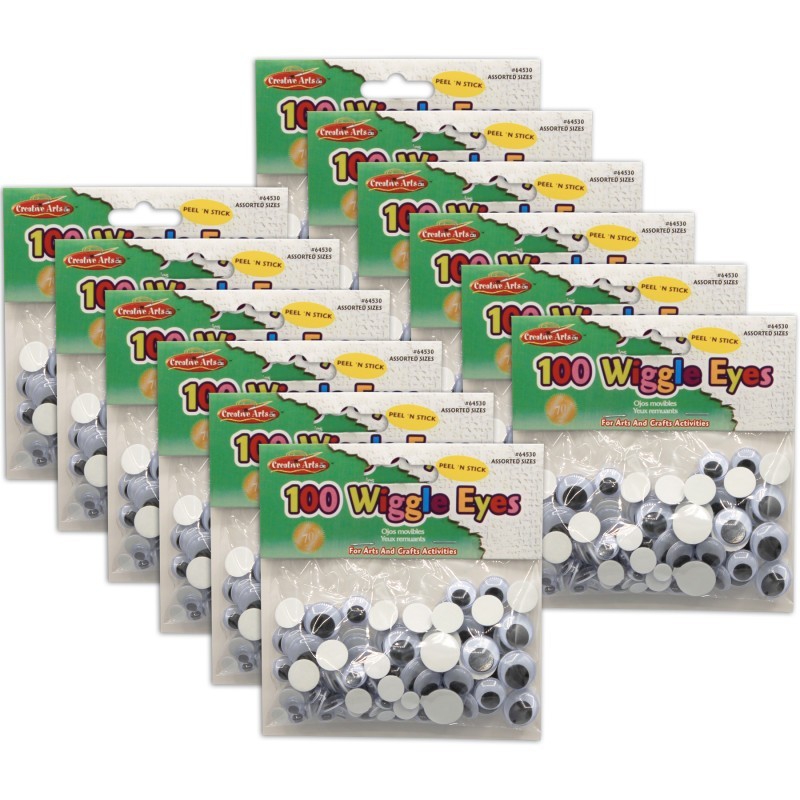 Charles Leonard Assorted Peel'n Stick Wiggle Eyes, Black, 100 Per Pack, 12 Packs