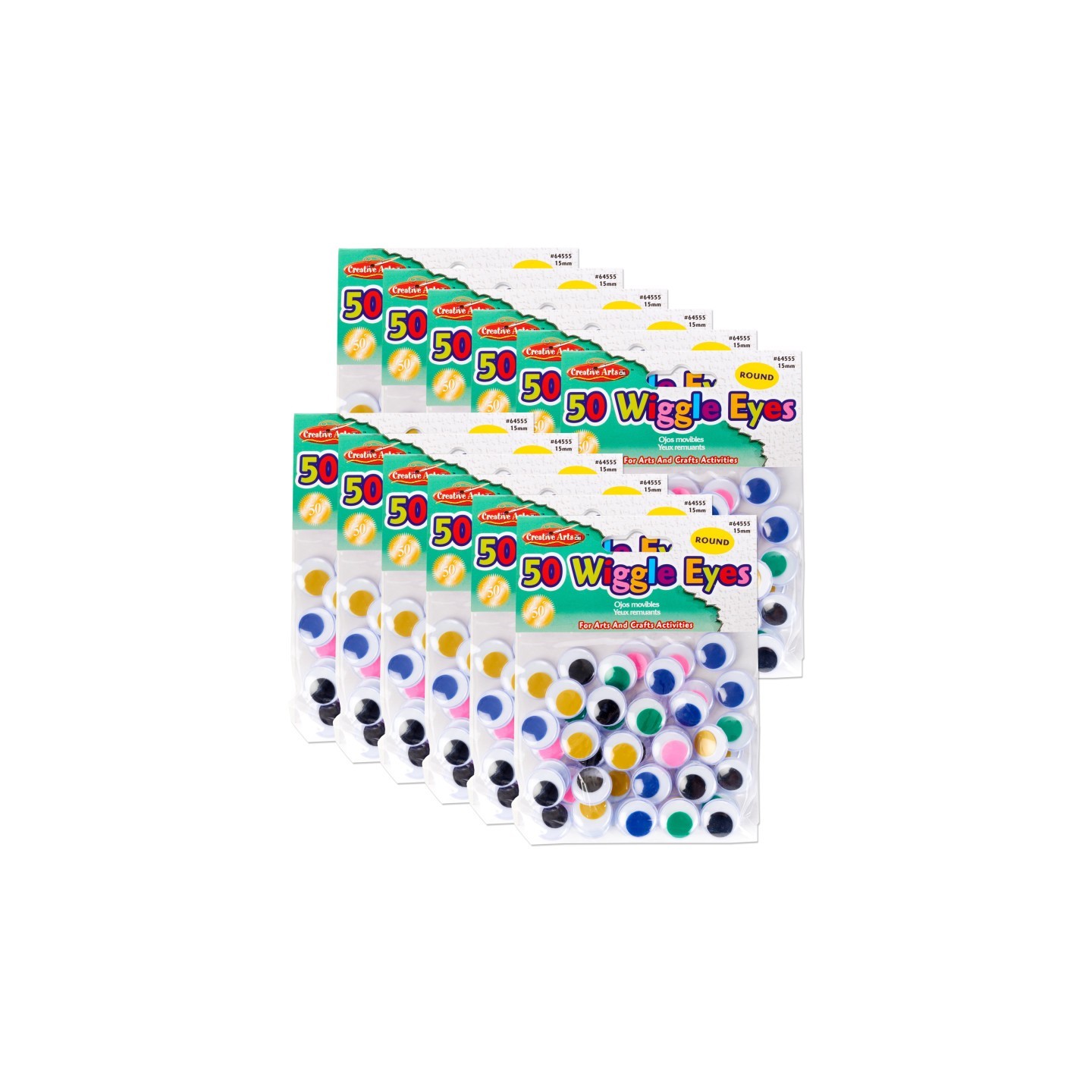 Charles Leonard Round Wiggle Eyes, 15mm, Assorted, 50 Per Pack, 12 Packs
