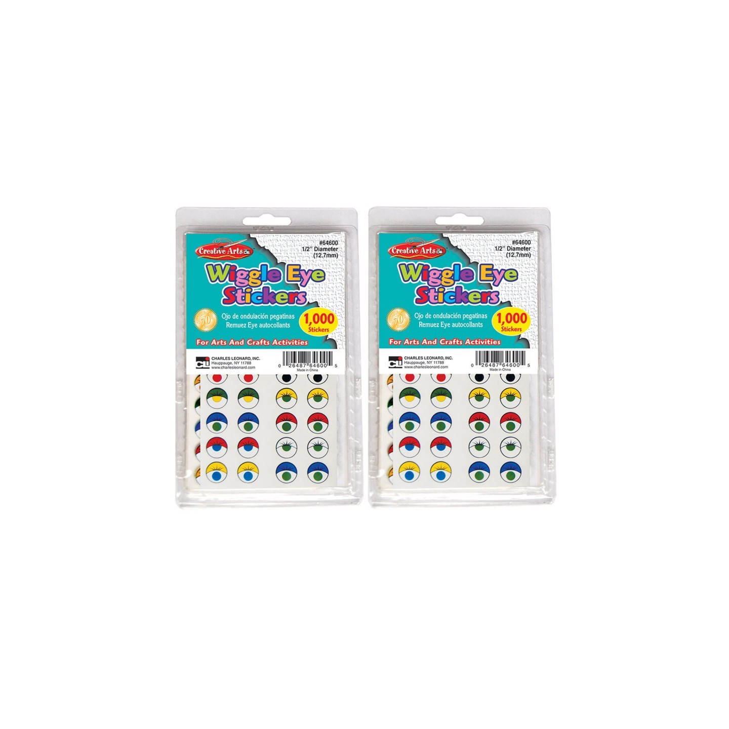Charles Leonard Creative Arts™ Wiggle Eyes Stickers, Assorted Colors, 1000 Per Pack, 2 Packs