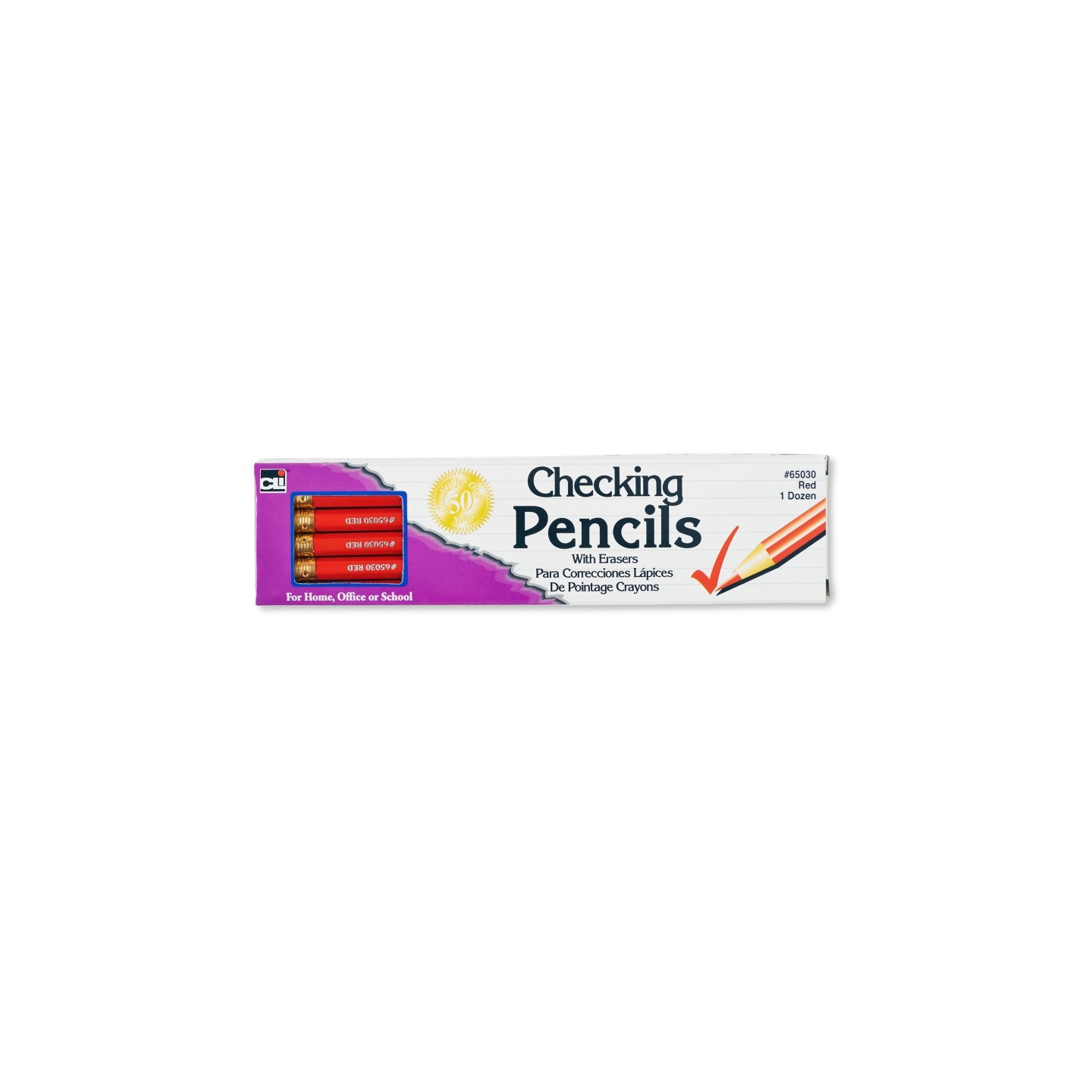 Charles Leonard Checking Pencil, Red Colored with Eraser, Box of 12
