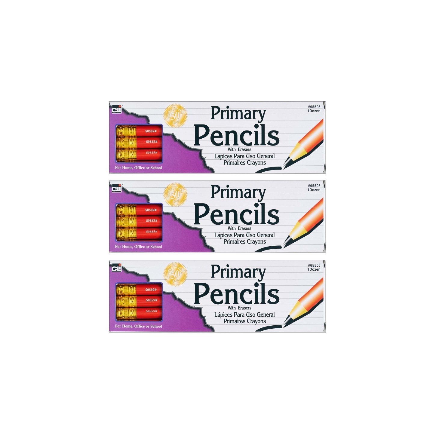Charles Leonard Primary Pencil, 0.41", Red with Eraser, 12 Per Box, 3 Boxes