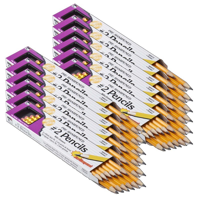 Charles Leonard No. 2 Pencil with Eraser, Pre-Sharpened, Yellow, 12 Per Pack, 12 Packs