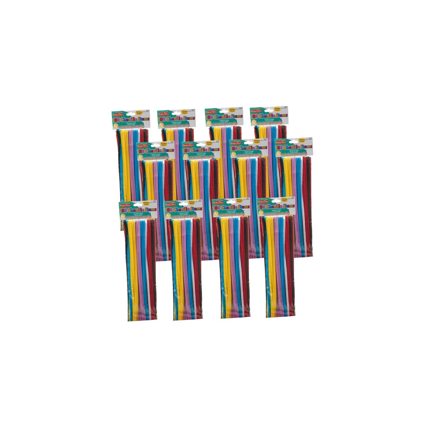 Charles Leonard Chenille Stems, Jumbo Fluffy Thick Stem, 6mm x 12", Assorted Colors, 100 Per Pack, 12 Packs