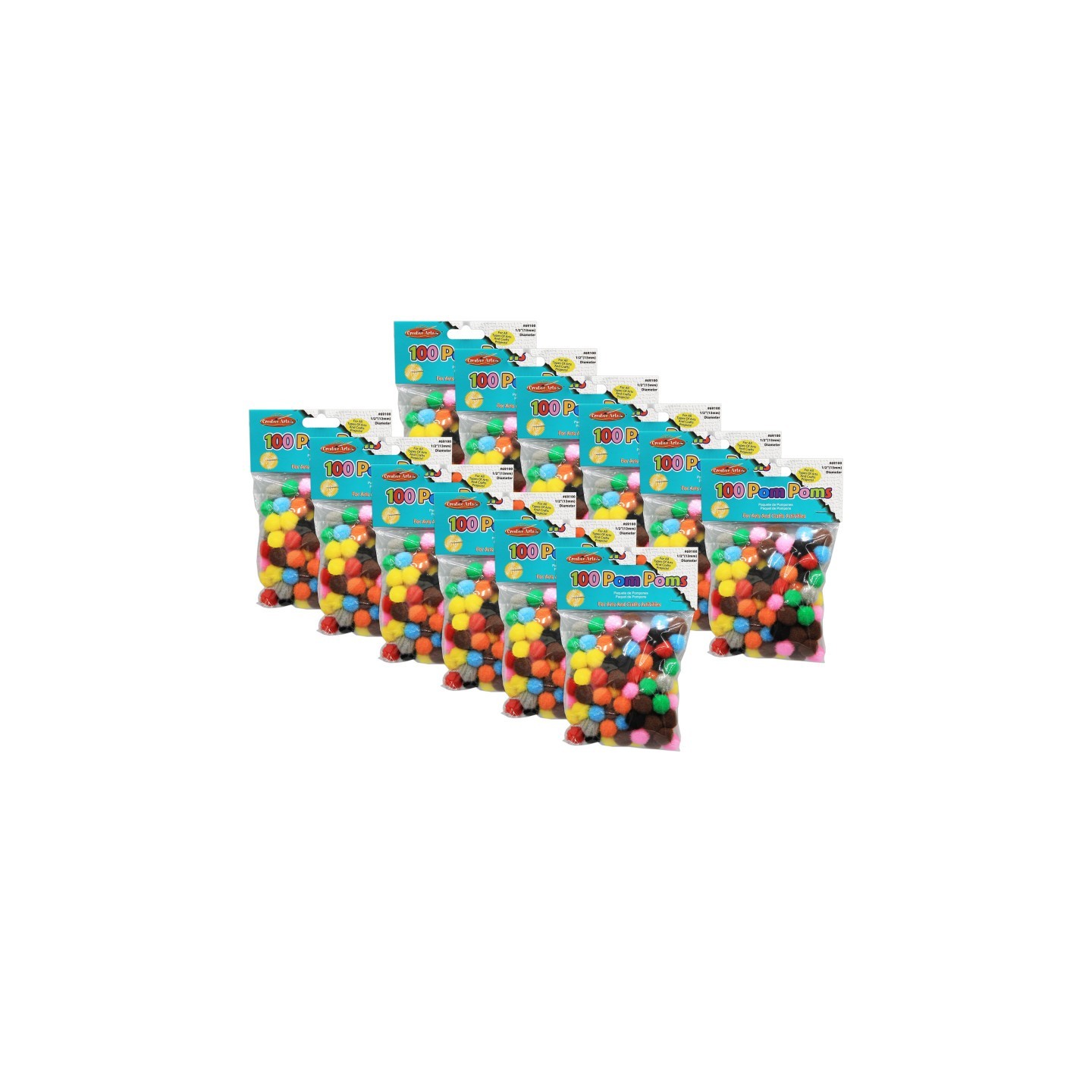 Charles Leonard Pom-Poms 1/2", Assorted Colors, 100 Per Pack, 12 Packs