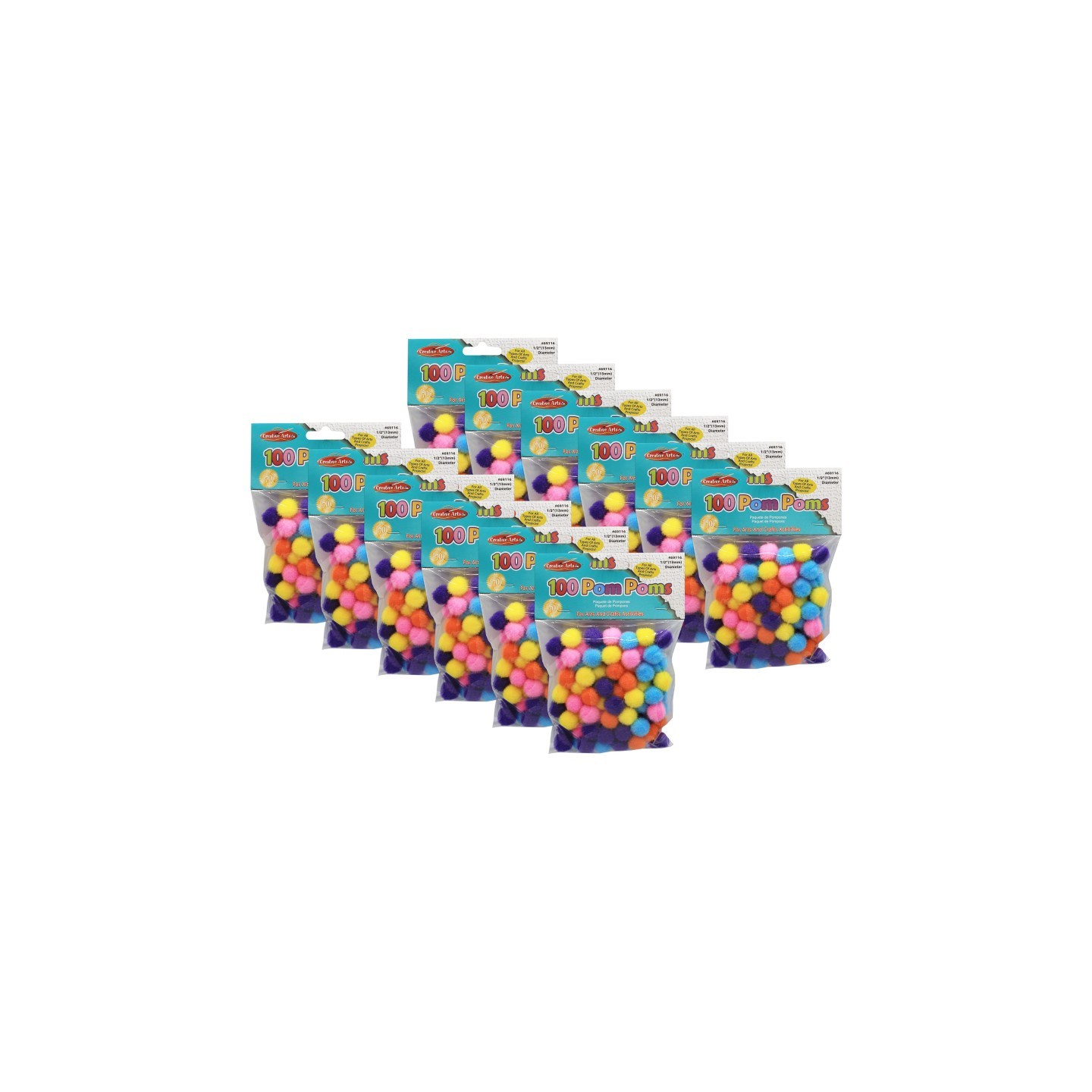 Charles Leonard Pom-Poms, 1/2", Hot Colors, 100 Per Pack, 12 Packs