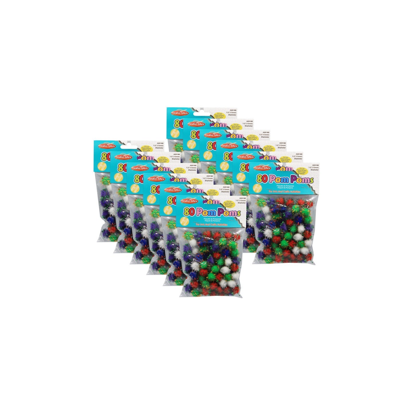 Charles Leonard Pom-Poms 1/2", Assorted Glitter Colors, 80 Per Pack, 12 Packs