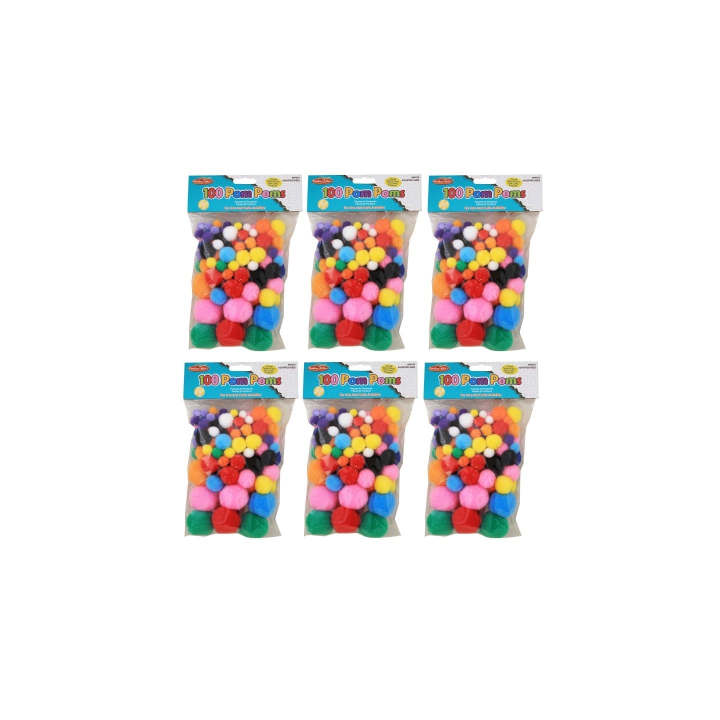 Charles Leonard Pom-Poms, Assorted Sizes/Colors, 100 Per Bag, 6 Bags